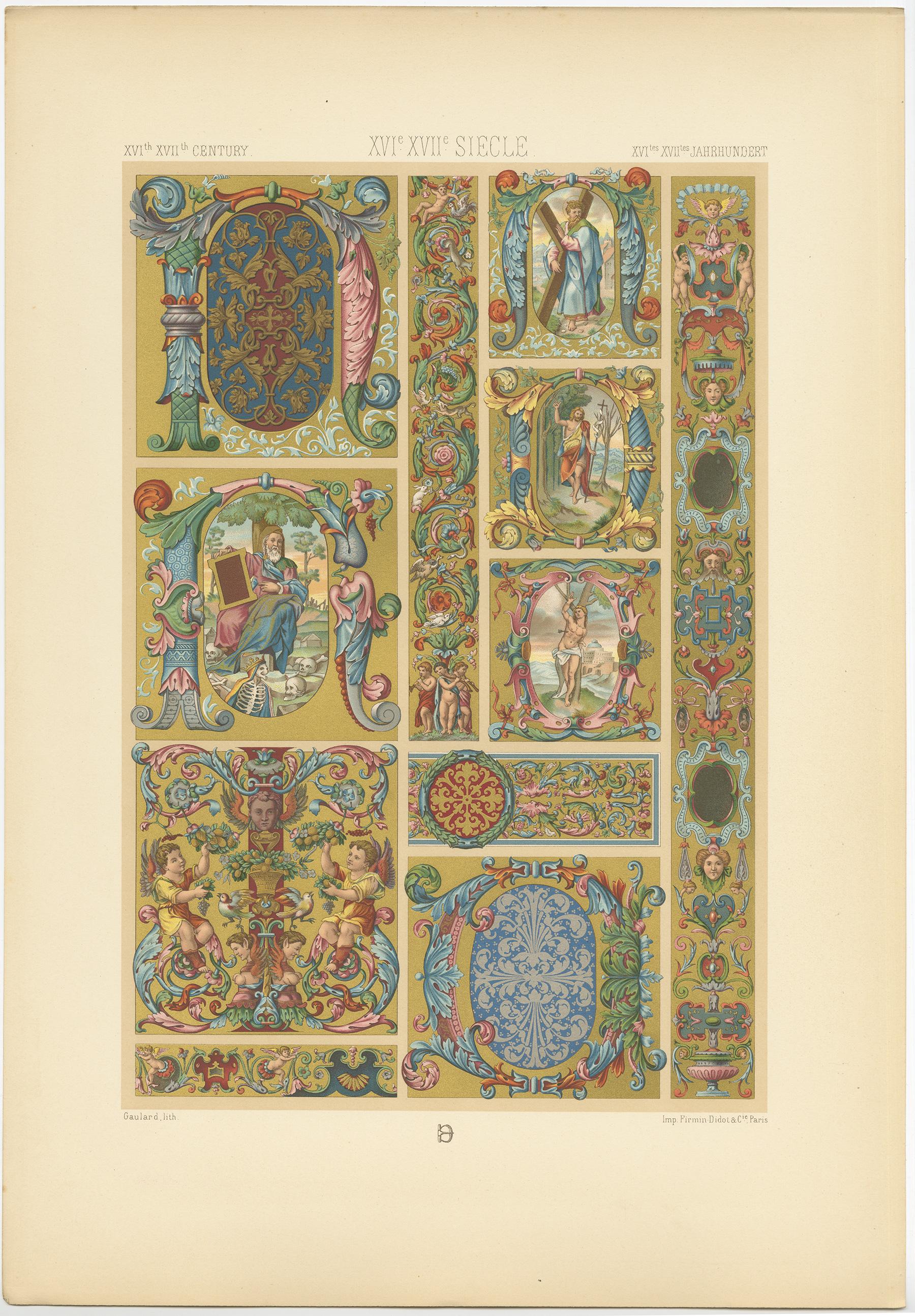 Antique print titled '16th-17th Century - XVIc-XVIIc Siècle - XVIles-XVIIles Jahrhundert'. Chromolithograph of Italian manuscripts decorations, second half of the 16th century ornaments. This print originates from 'l'Ornement Polychrome' by Auguste