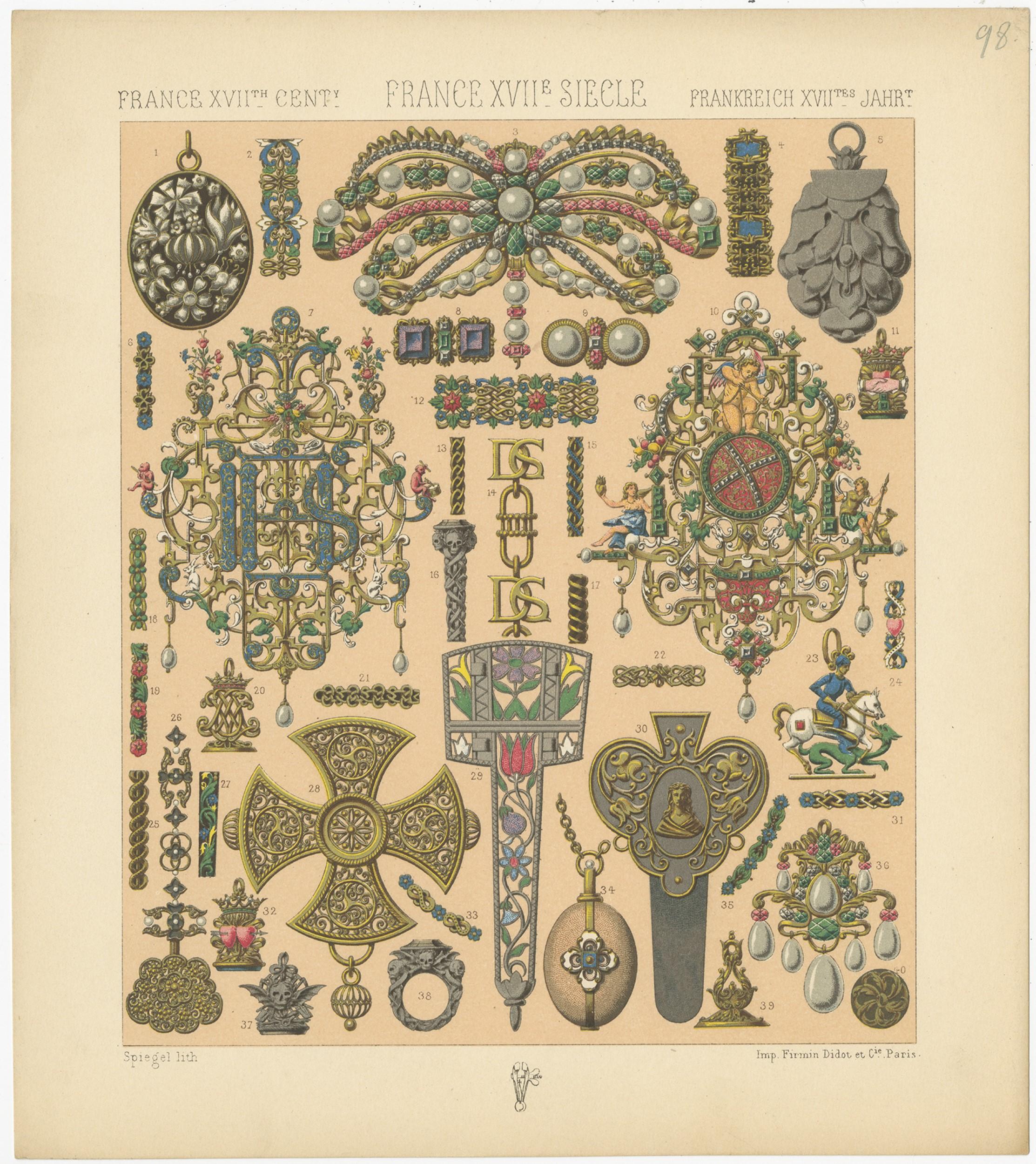 Antique print titled 'France XVIIth Cent - France XVIIe Siecle - Frankreich XVIItes Jahr'. Chromolithograph of French 17th century decorative objects. This print originates from 'Le Costume Historique' by M.A. Racinet. Published, circa 1880.