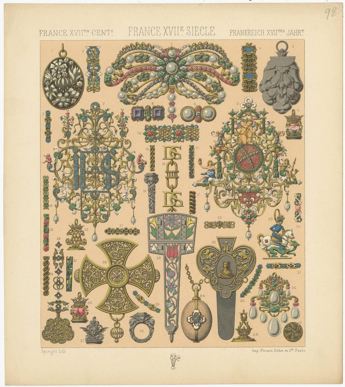 Pl 98 Antique Print of French Decorative Objects by Racinet, 'circa 1880'