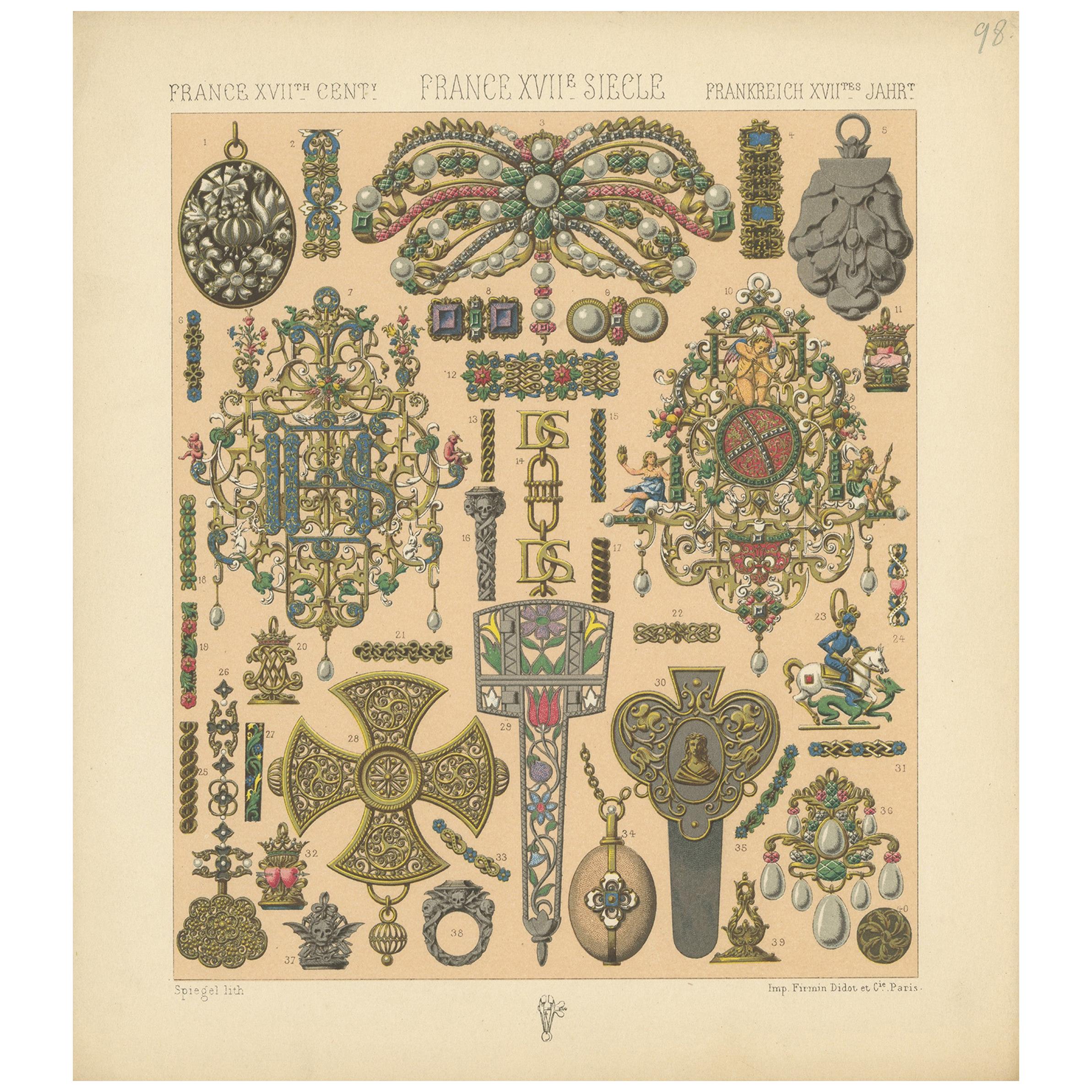 Pl 98 Antique Print of French Decorative Objects by Racinet, 'circa 1880' For Sale