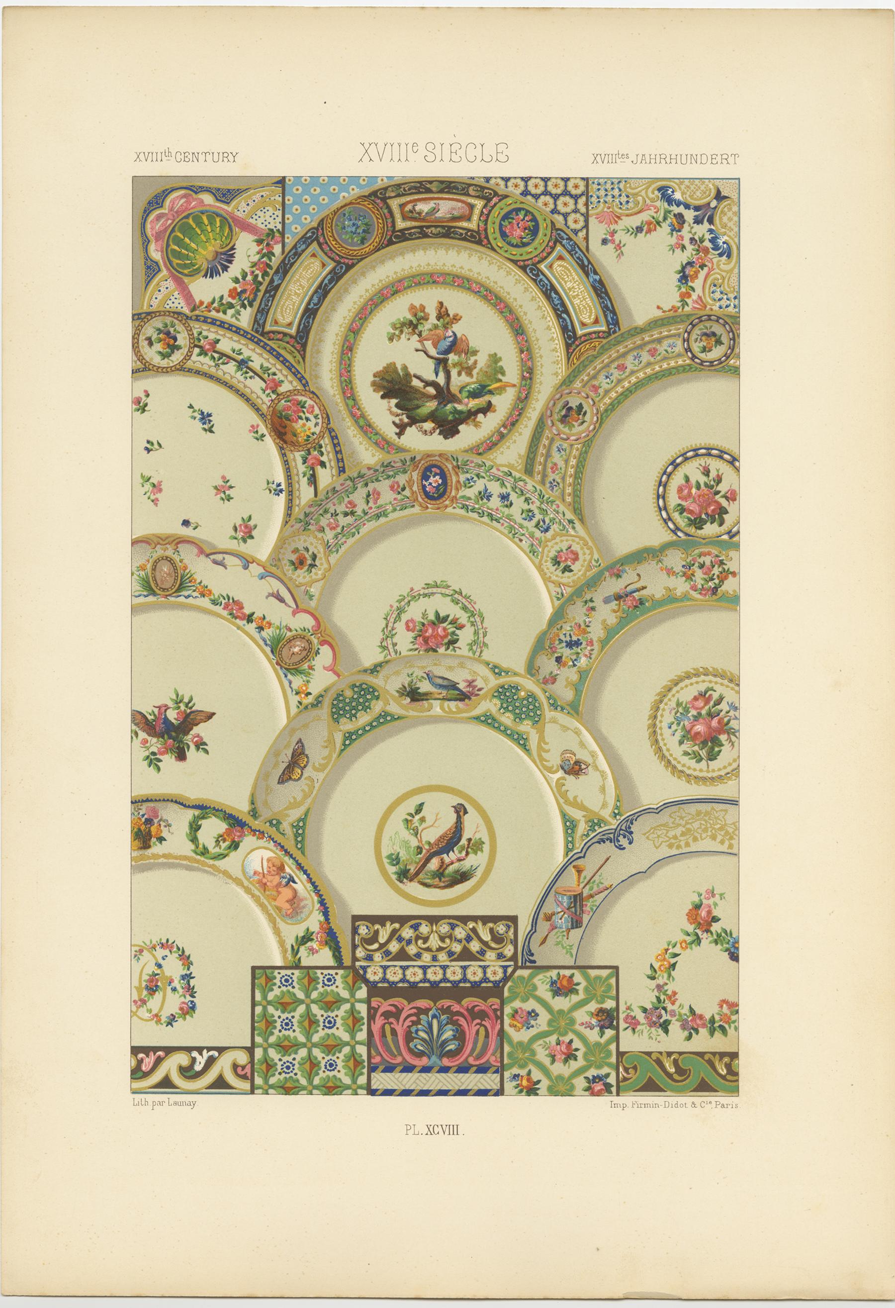 Antique print titled 'XVIIIth Century - XVIIIe Siecle - XVIIItes Jahrhundert'. Chromolithograph of XVIIIth Century ornaments and decorative arts. This print originates from 'l'Ornement Polychrome' by Auguste Racinet. Published circa 1890.