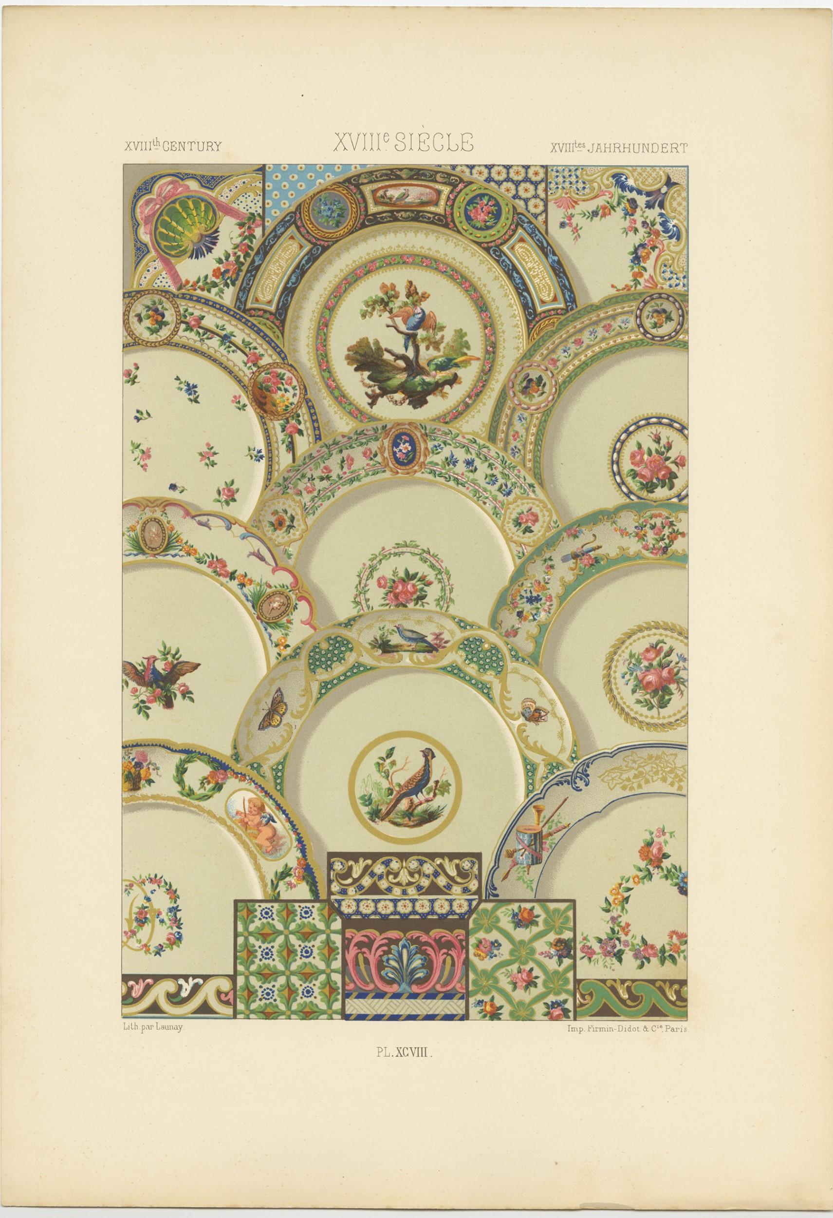 XIX secolo Pl. 98 Stampa antica di ornamenti del XVIII secolo di Racinet (1890 circa) in vendita