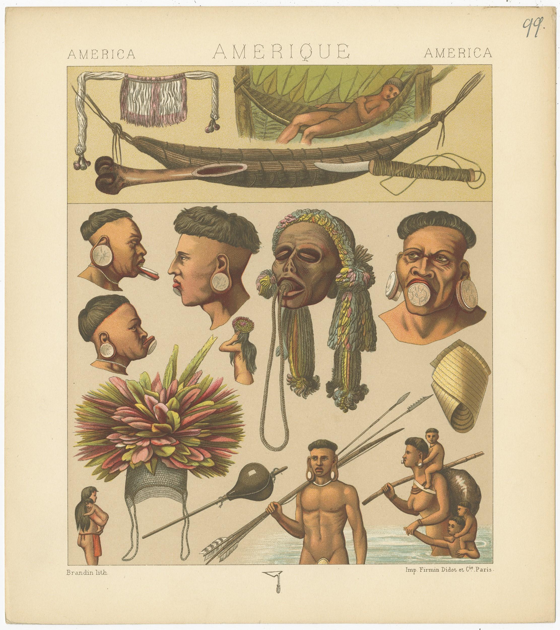 Antique print titled 'America - Amerique - America'. Chromolithograph of American Outfits (objects). This print originates from 'Le Costume Historique' by M.A. Racinet. Published, circa 1880.