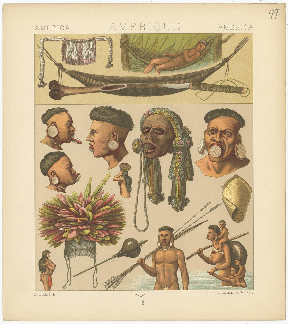 Pl. 99 Antique Print of American Outfits (objects) Racinet, 'circa 1880'