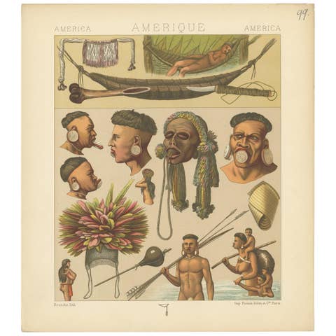 Pl. 99 Antique Print of American Outfits (objects) Racinet, 'circa 1880'