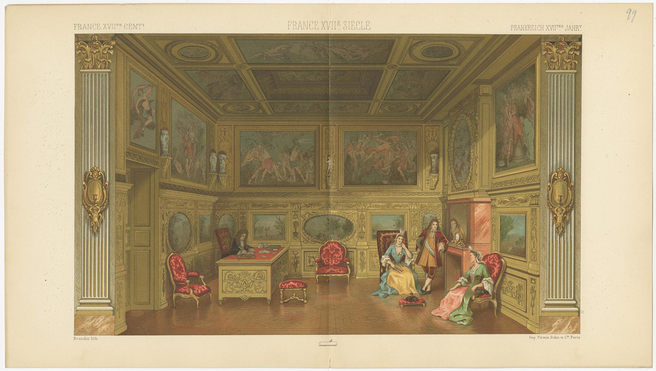 Antique print titled 'France XVIIth Cent - France XVIIe Siegle - Frankreich XVIIth'. Chromolithograph of French 17th century office. This print originates from 'Le Costume Historique' by M.A. Racinet. Published, circa 1880.