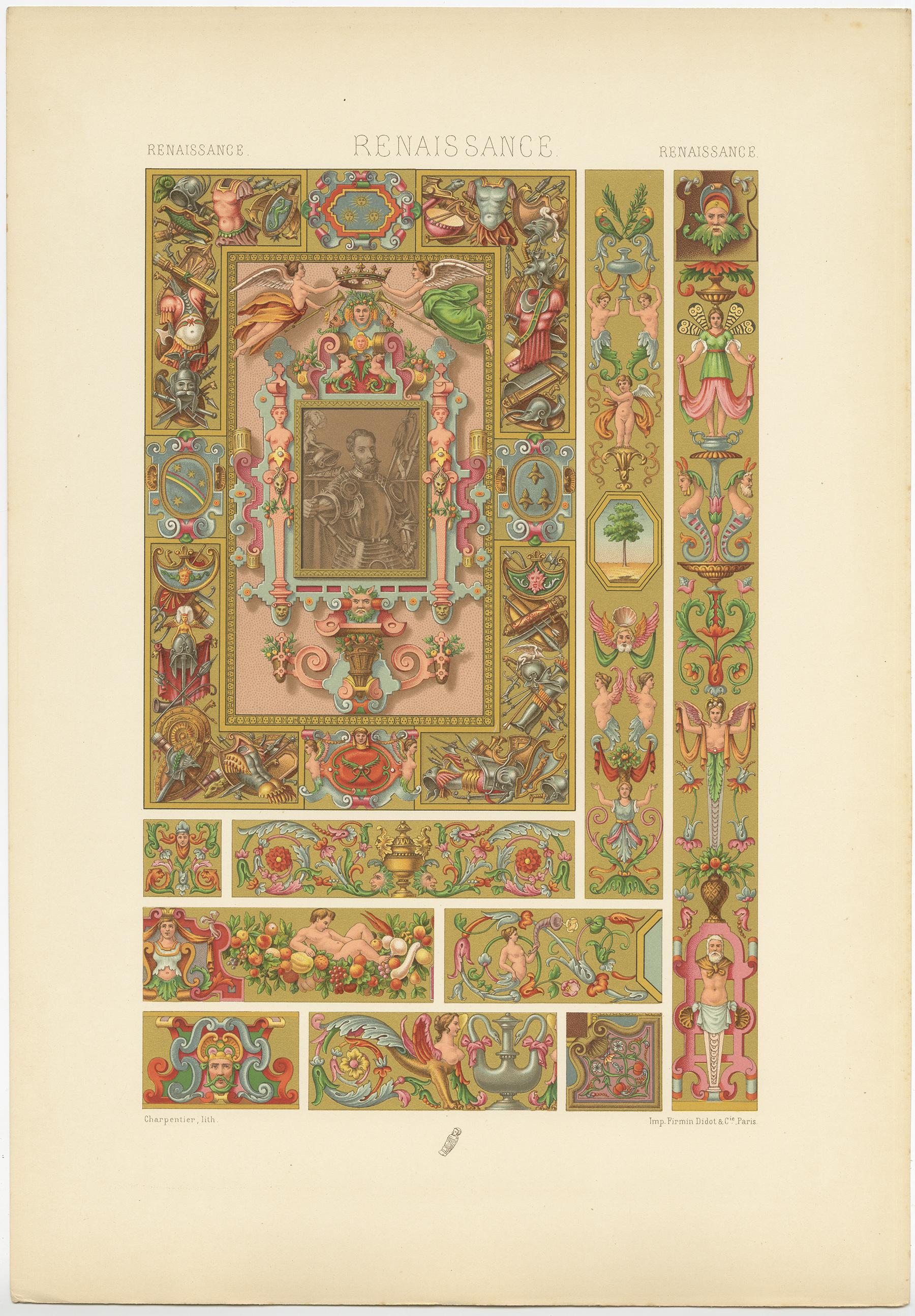Antique print titled 'Renaissance - Renaissance - Renaissance'. Chromolithograph of carved-wood motifs from a 16th century Italian manuscripts ornaments. This print originates from 'l'Ornement Polychrome' by Auguste Racinet. Published circa 1890.