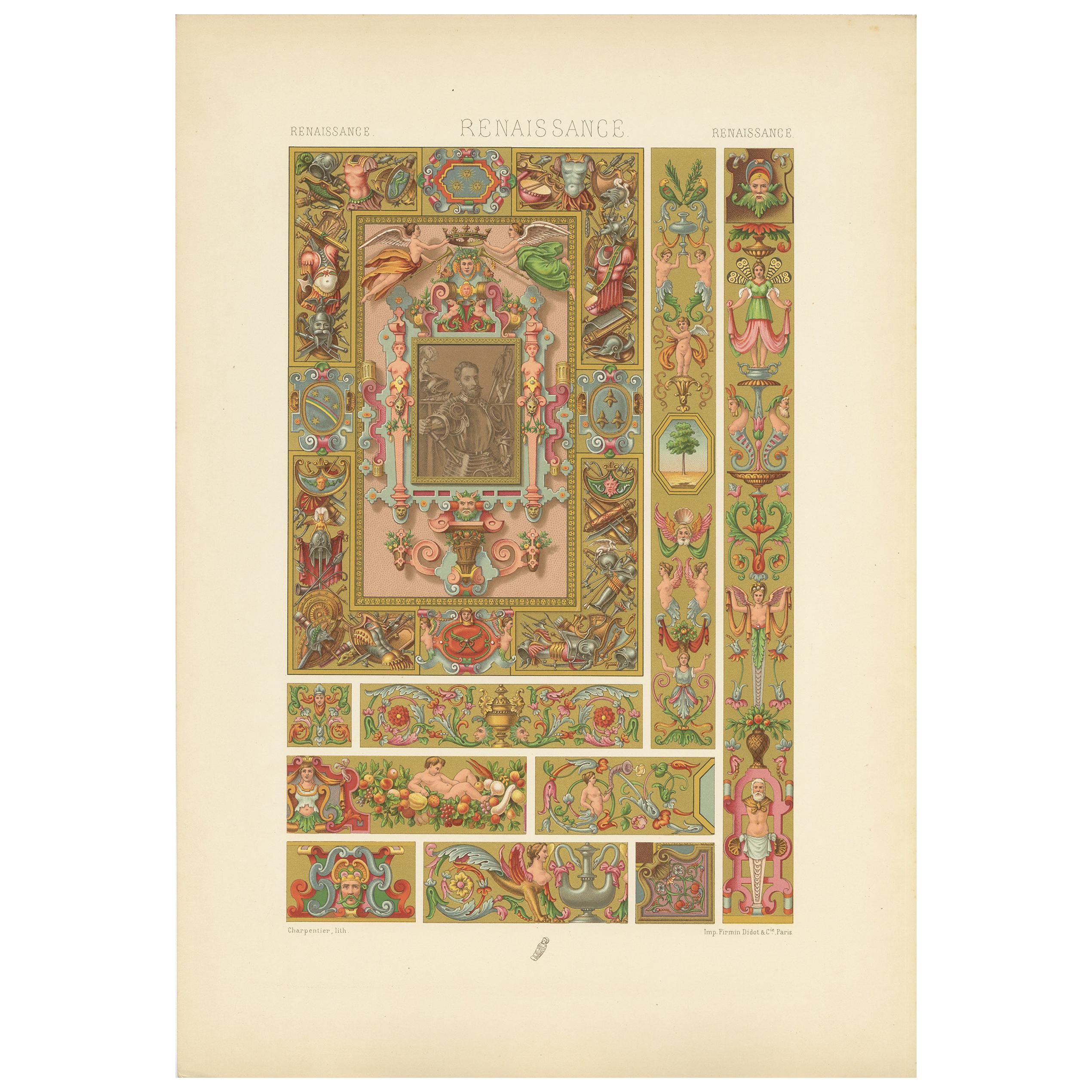 Pl. 99 Antique Print of Renaissance Carved-Wood Motifs by Racinet 'circa 1890' For Sale