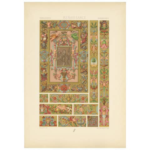 Pl. 99 Antique Print of Renaissance Carved-Wood Motifs by Racinet 'circa 1890'