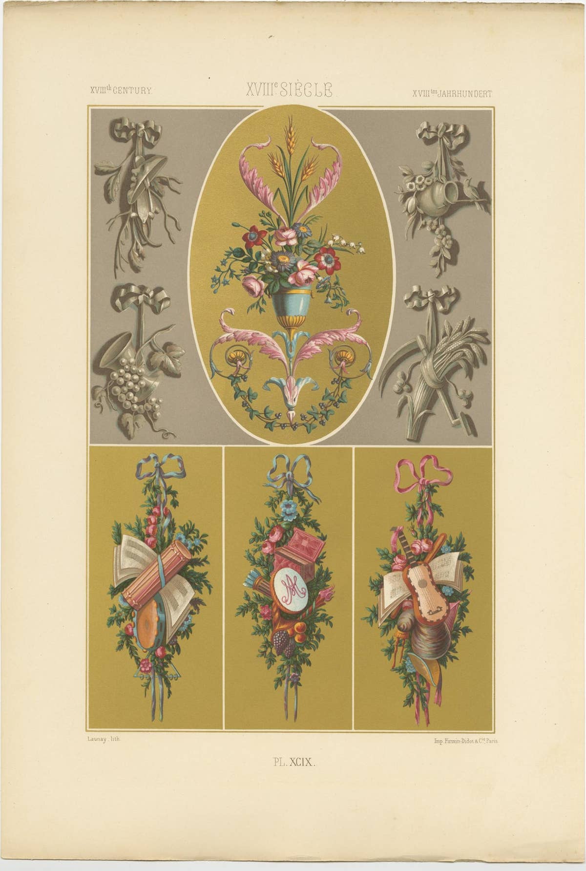 Pl. 99 Antique Print of XVIIIth Century Ornaments by Racinet, circa 1890