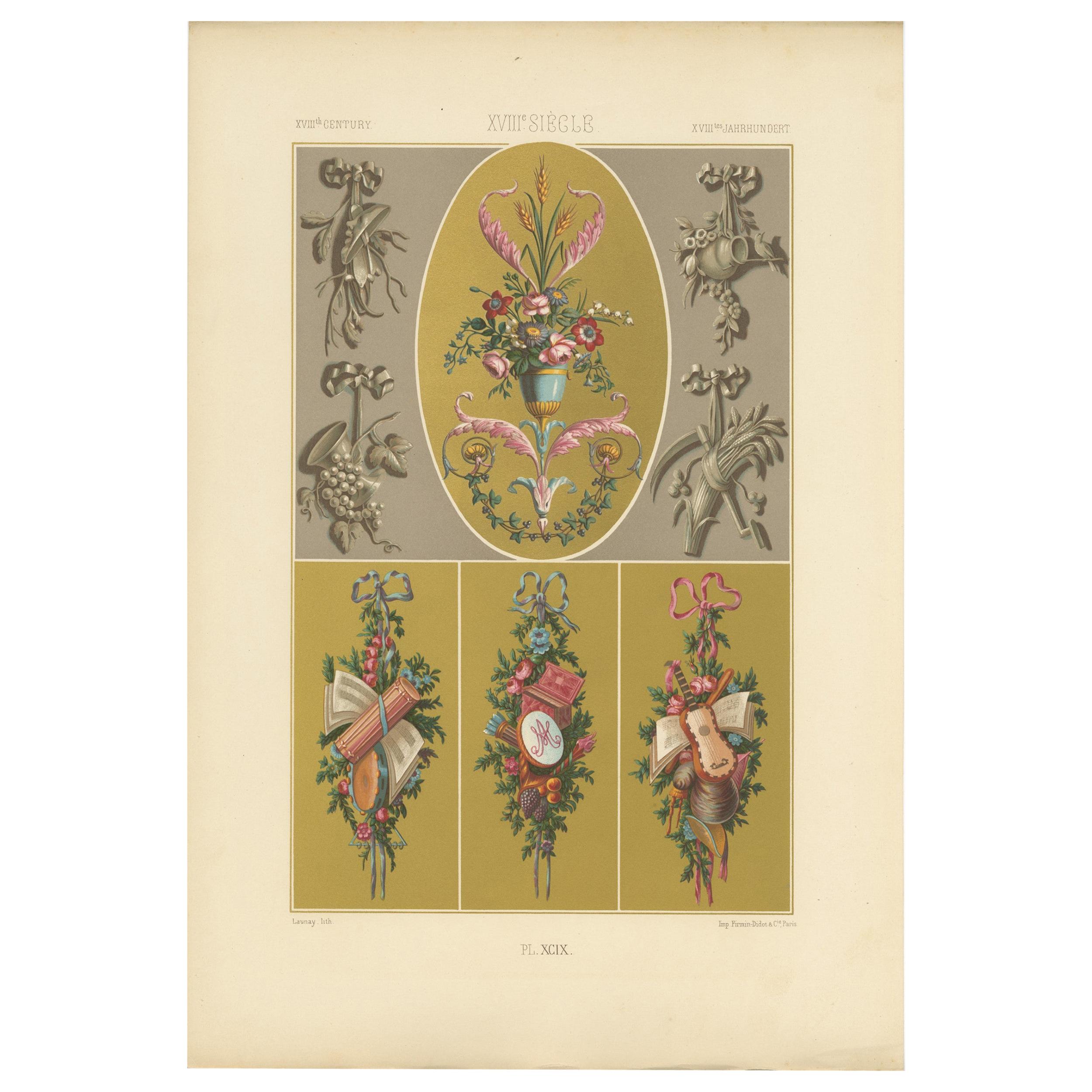 Pl. 99 Stampa antica di ornamenti del XVIII secolo di Racinet, circa 1890