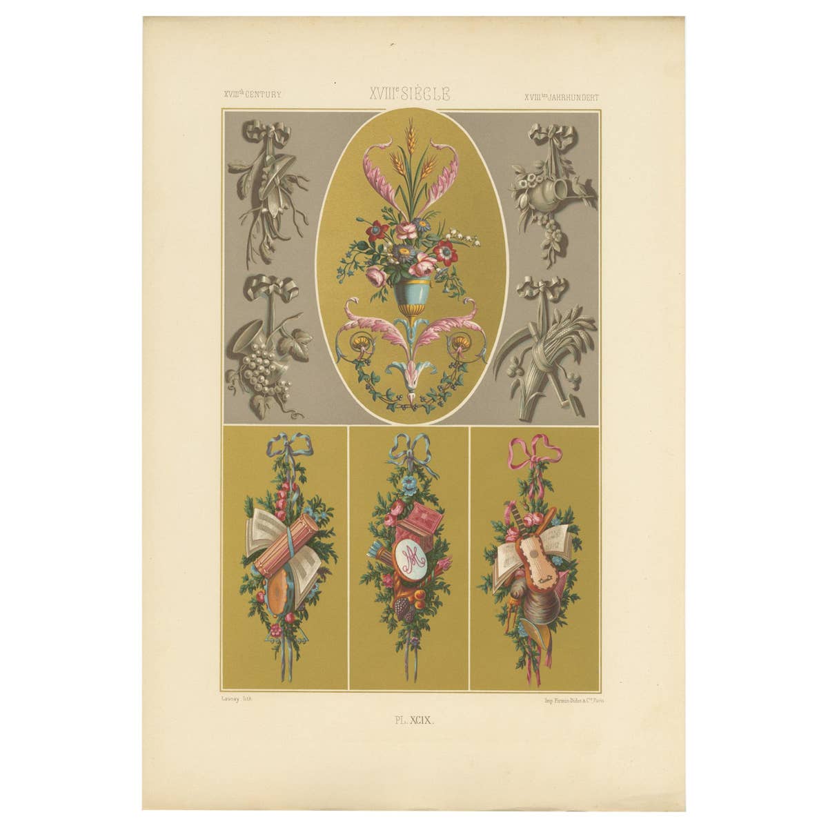 Pl. 99 Antique Print of XVIIIth Century Ornaments by Racinet, circa 1890