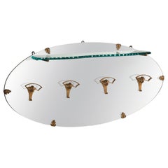 P.L. Colli Golden Iron Hangers Glass Shelf Oval Mirror Coat Rack, Italy, 1950s