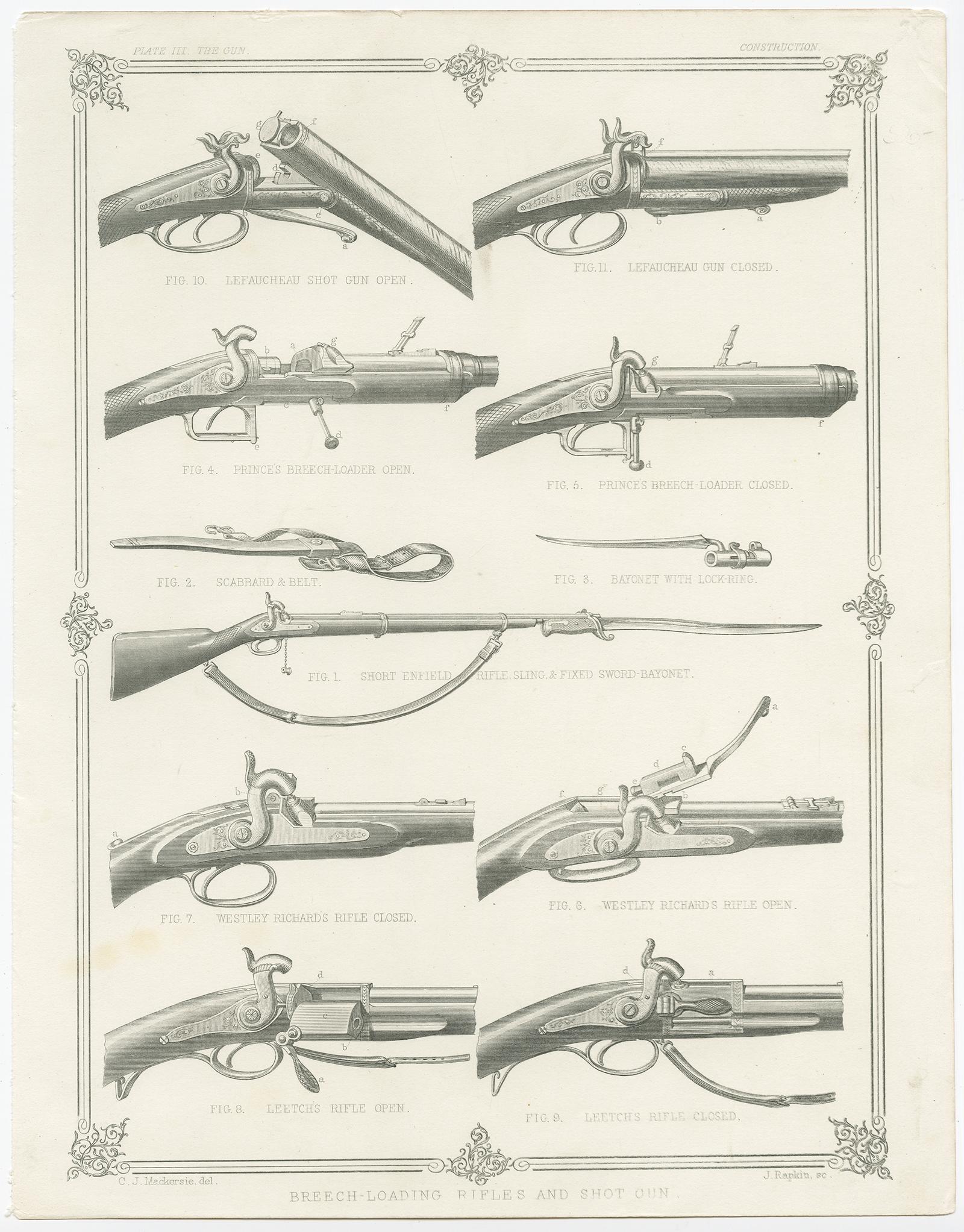 Antique print titled 'Pl. III The Gun - Breech-Loading Rifles and Shot Gun'. This print depicts Short Enfield Rifle, Scabbard & Belt, Bayonet with lock-ring, Prince's Breech-loader open, Princes breech loader closed, Westley Richards rifle open,
