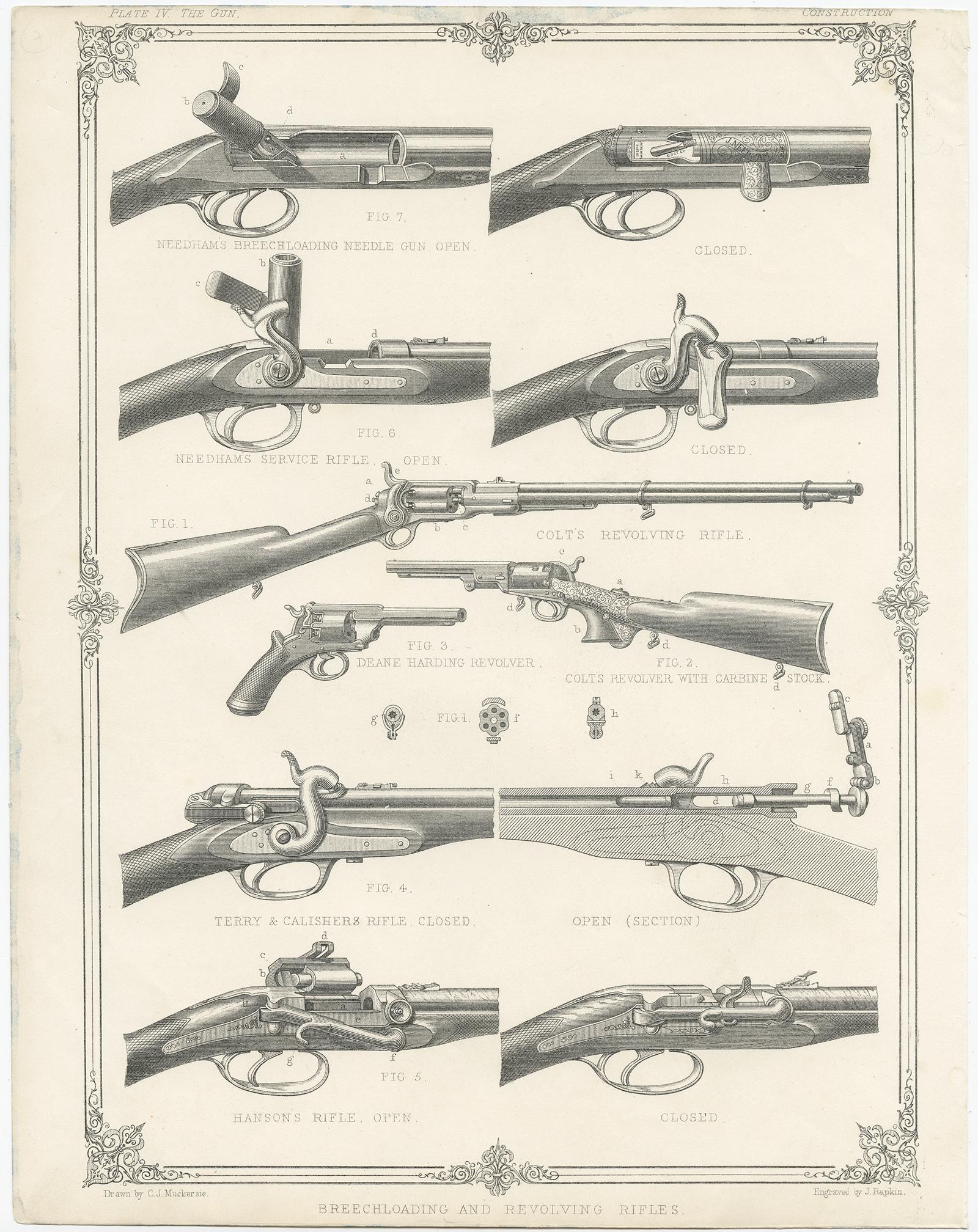 Antique print titled 'Pl. IV The Gun - Breechloading and Revolving Rifles'. This print depicts Colt's revolving rifle, Colts revolver with carbine stock, Deane harding revolver, Terry & Calishers Rifle closed, Hanson's rifle open, Needham's Service