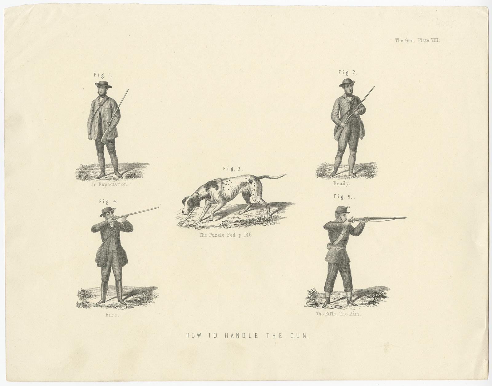 Antique print titled 'Pl. VIII The Gun - How to Handle the Gun'. This print depicts 1. In expectation, 2. Ready, 3. The Puzzle Peg, 4. Fire, 5. The Rifle, The Aim.

This print originates from 'The Book of English Country Life'.
