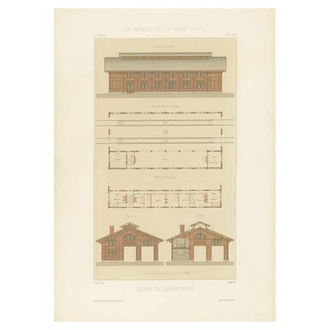 Antique French Architectural Print Remise de Locomotives by Pierre Chabat c.1900