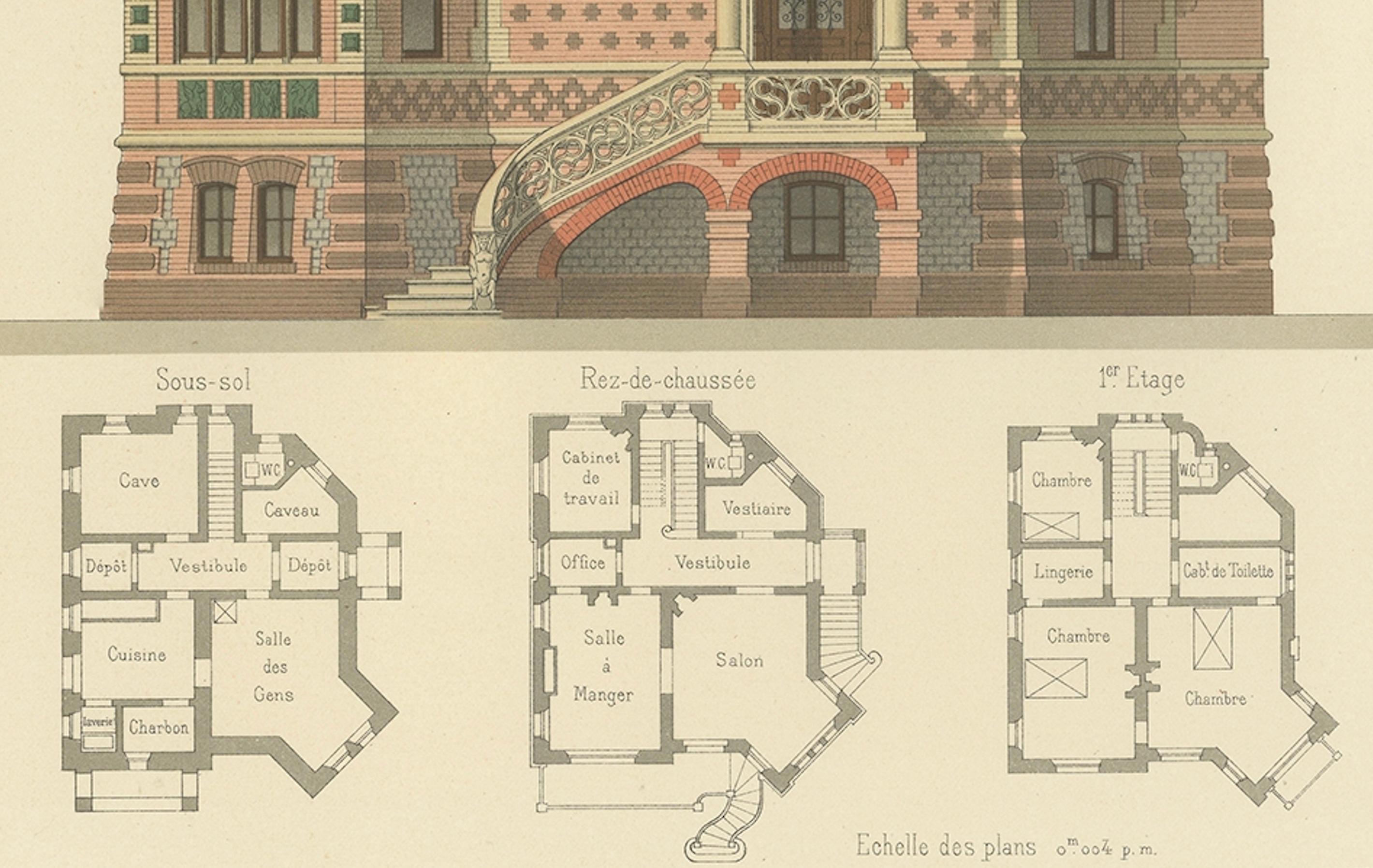 Grabado antiguo titulado 'Villa Brodu, Beuzeval (Calvados) Sr. Baumier, Architecte'. Este grabado representa el diseño de una villa en Calvados, Francia. Procede de 