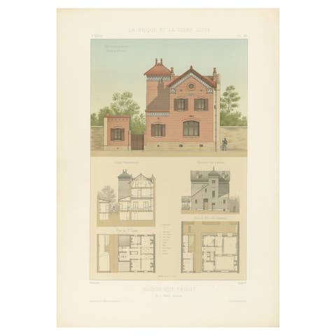 French Architectural Print of Maison rue Friant, Paris, Antique c.1900