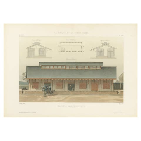 Antique French Architectural Print Halle à Marchandises by Chabat c.1900