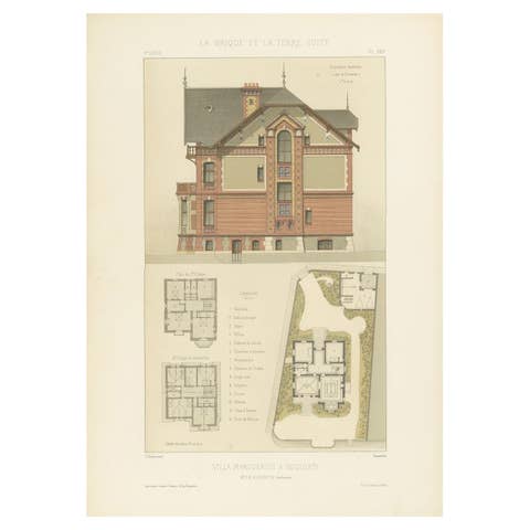 Antique French Architectural Print Villa Marguerite à Houlgate by Chabat c.1900