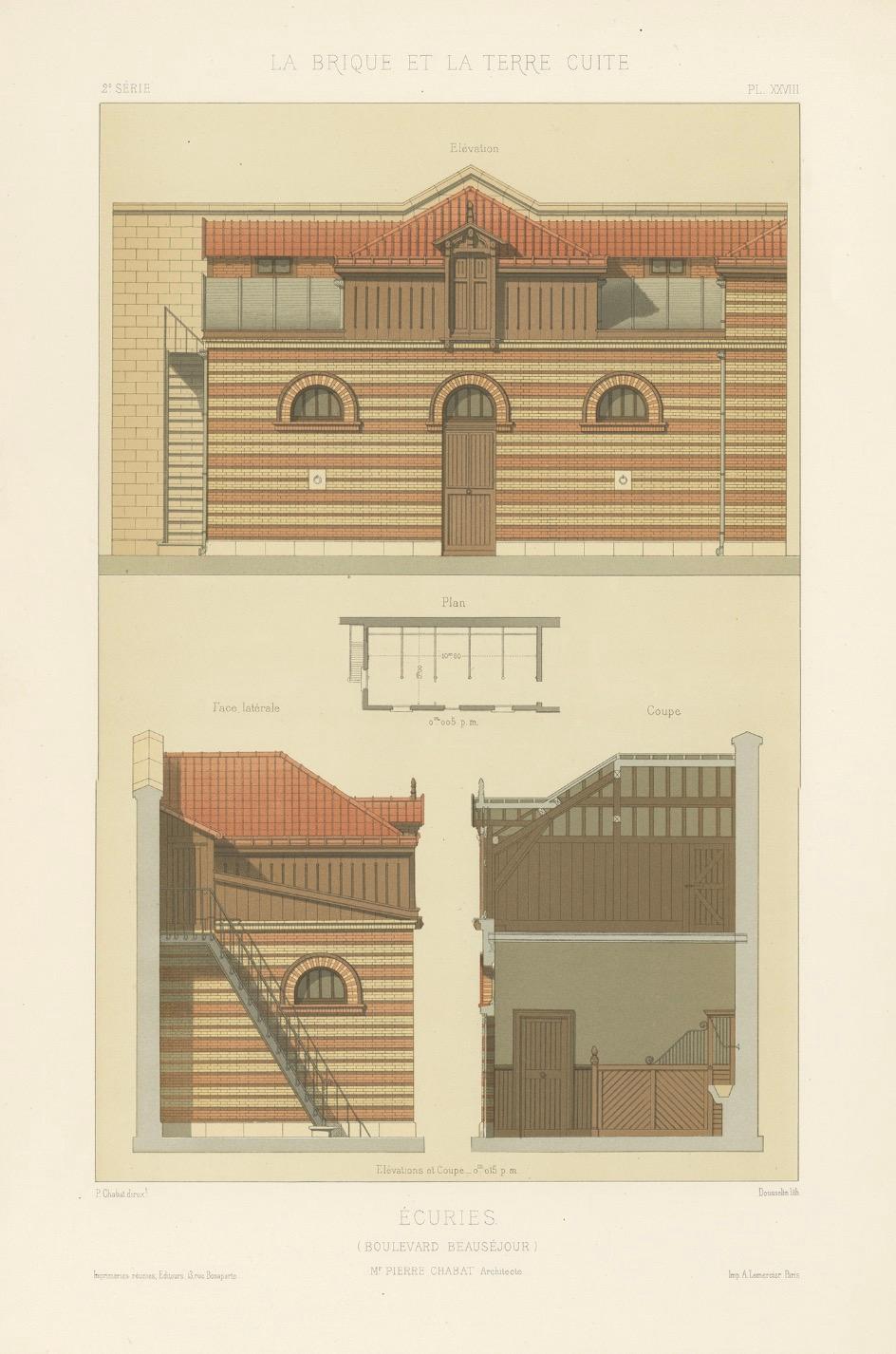 Antique French Architectural Print Ecuries, Boulevard Beauséjour c.1900

Antique architectural lithograph of a purpose-built stable block titled “Ecuries (Boulevard Beauséjour),” Plate XXVIII from Pierre Chabat’s celebrated series La Brique et la