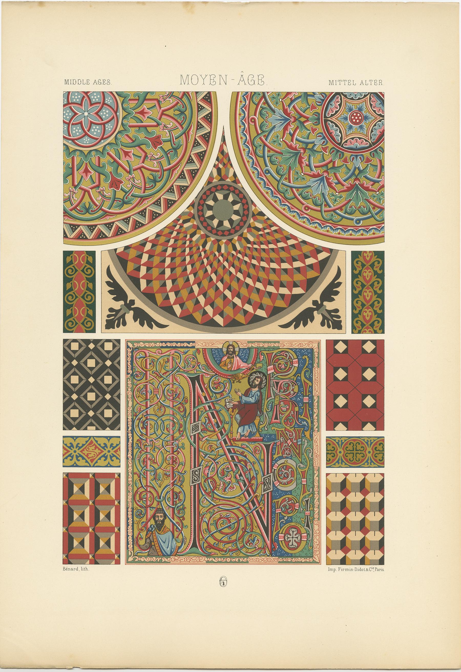 Antique print titled 'Middle Ages - Moyen Age - Mittel Alter'. Chromolithograph of mosaic and glass paintings, St. Mark's, Venice, manuscript initial
ornaments. This print originates from 'l'Ornement Polychrome' by Auguste Racinet. Published circa