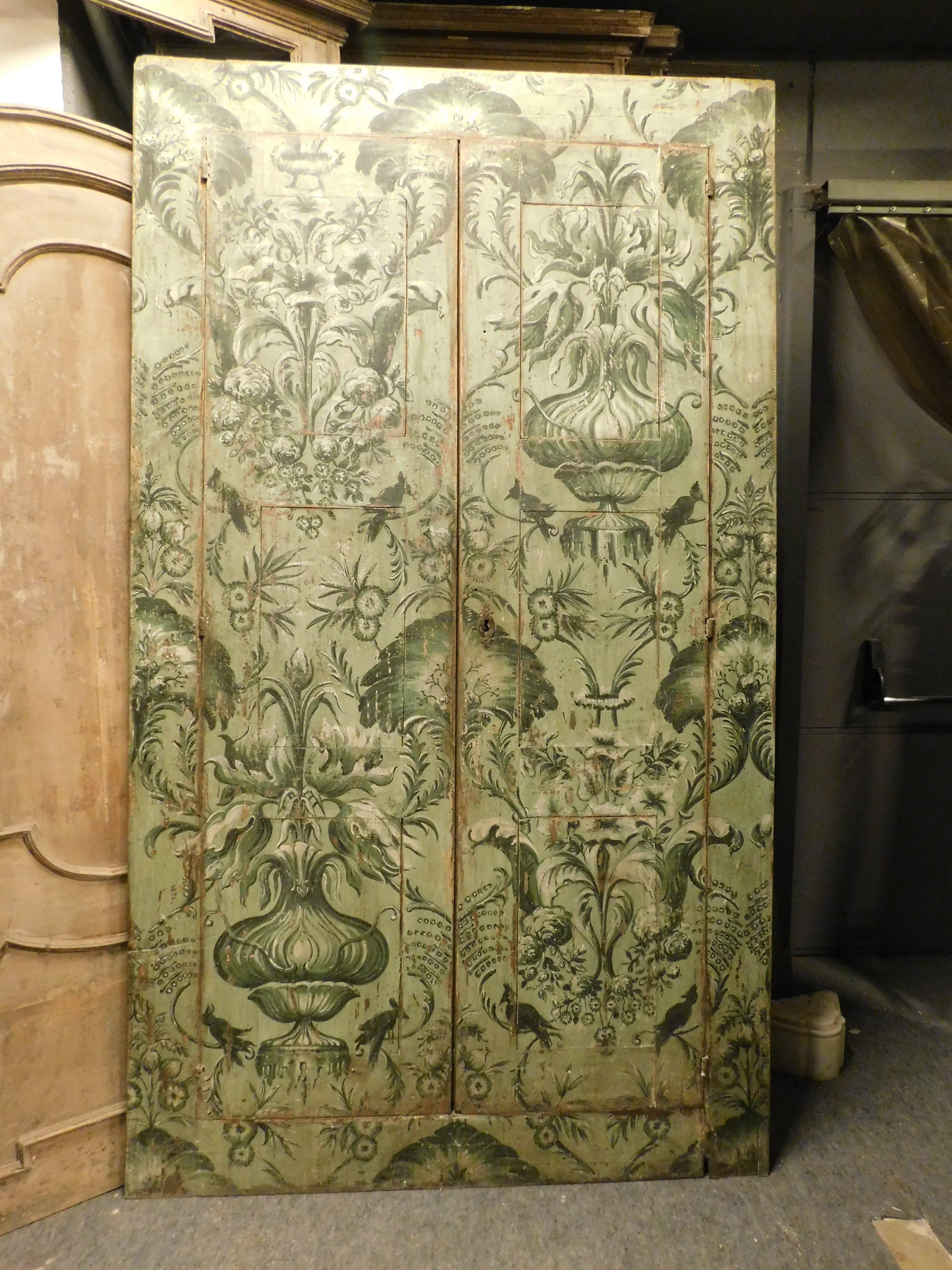 Hand-Painted Placard built-in wardrobe richly painted green background jungle-like floral  For Sale