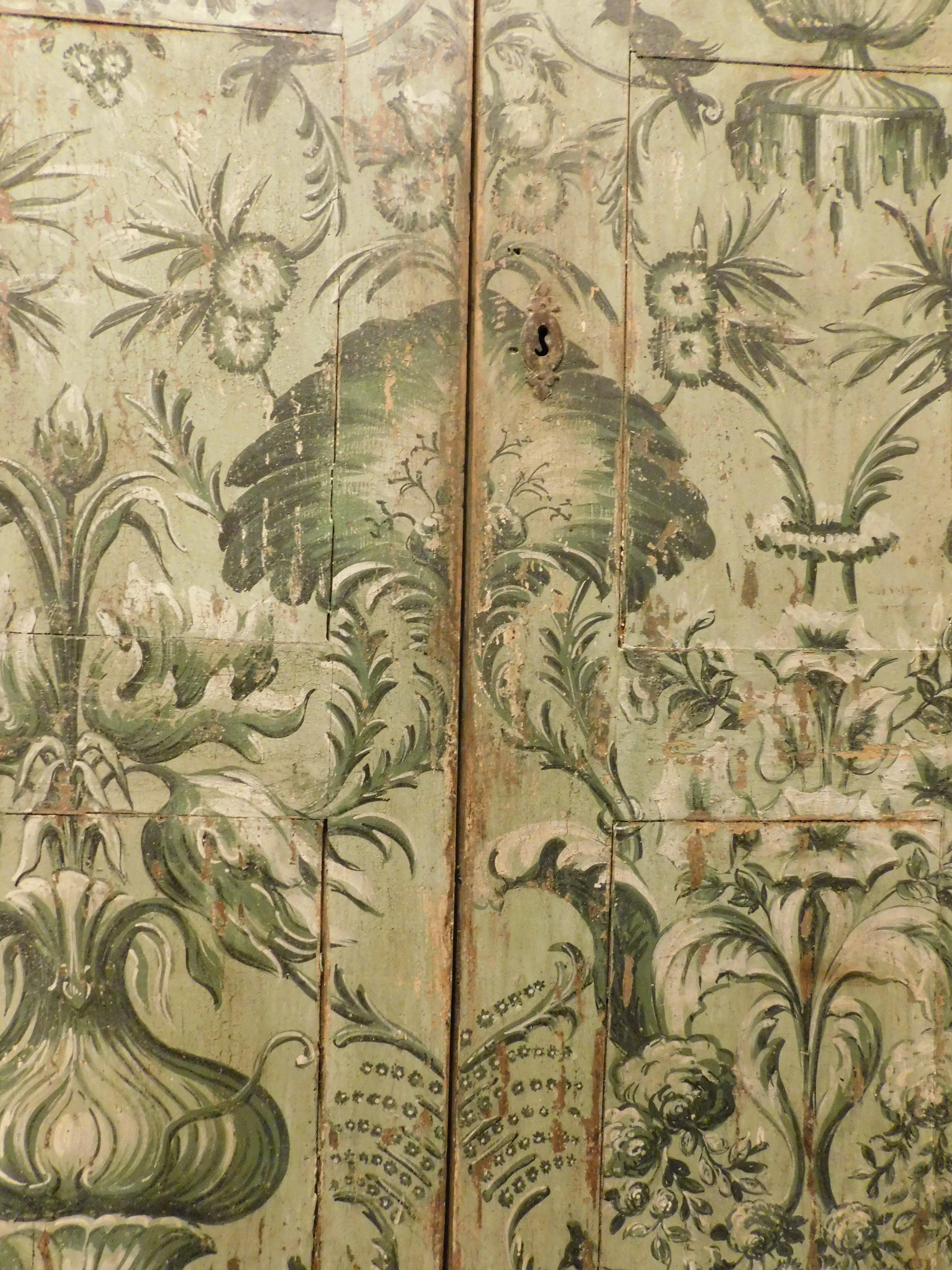 19th Century Placard built-in wardrobe richly painted green background jungle-like floral  For Sale