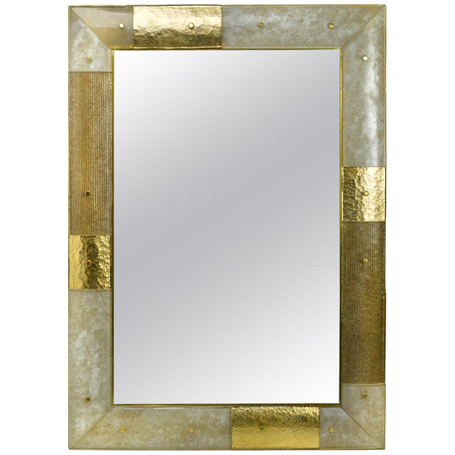 Placche Mirror, Murano glass curved panels set in a Brass Frame For Sale