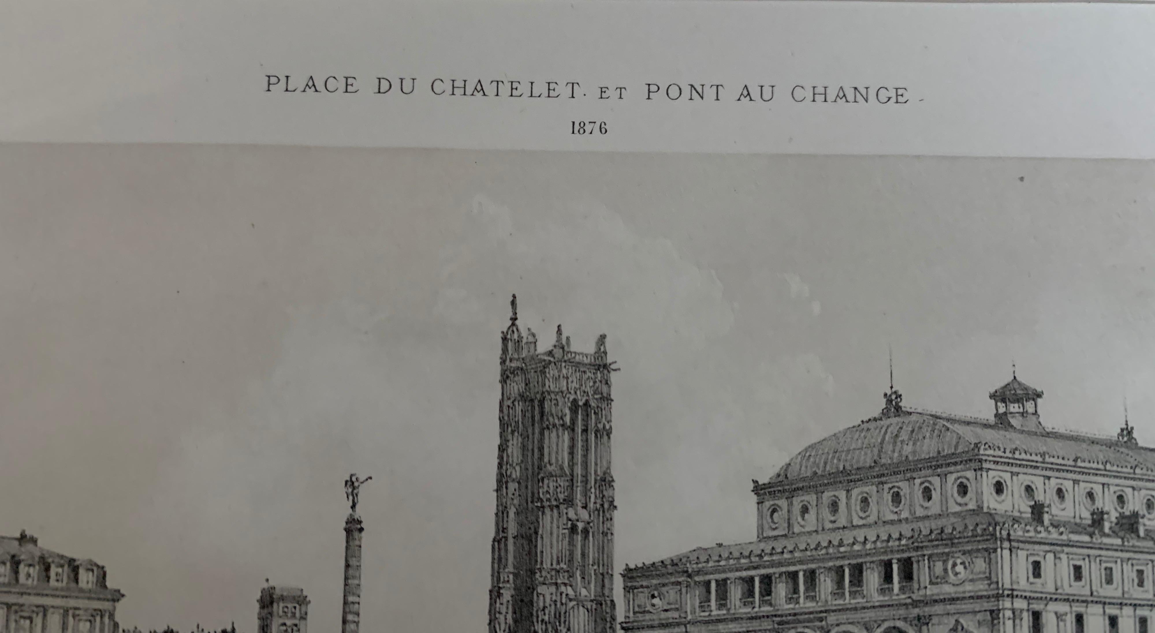 French Place Du Chatelet et Pont Au Change circa 1876 Benoist Lithograph Antique Print For Sale