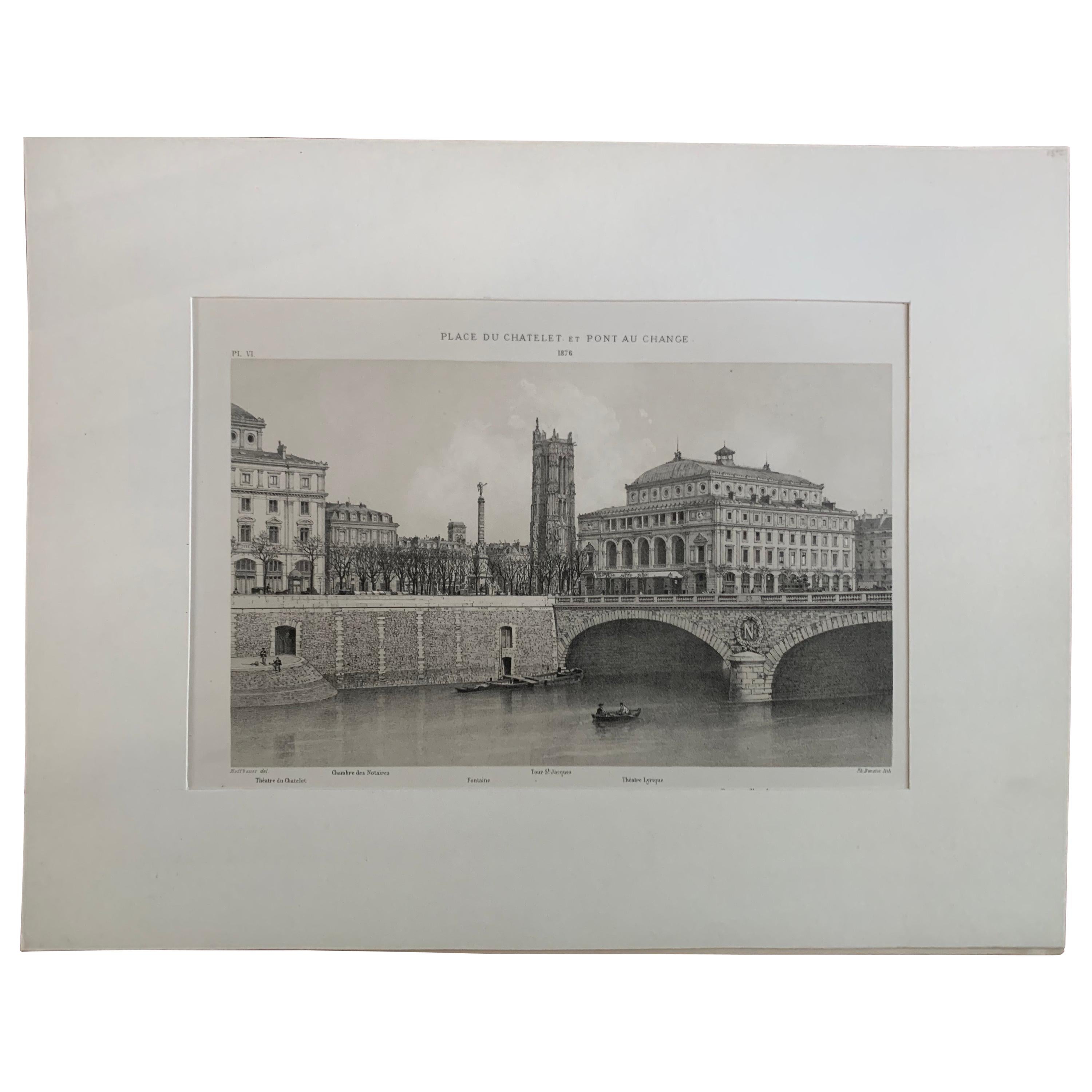 Place Du Chatelet et Pont Au Change circa 1876 Benoist Lithograph Antique Print For Sale