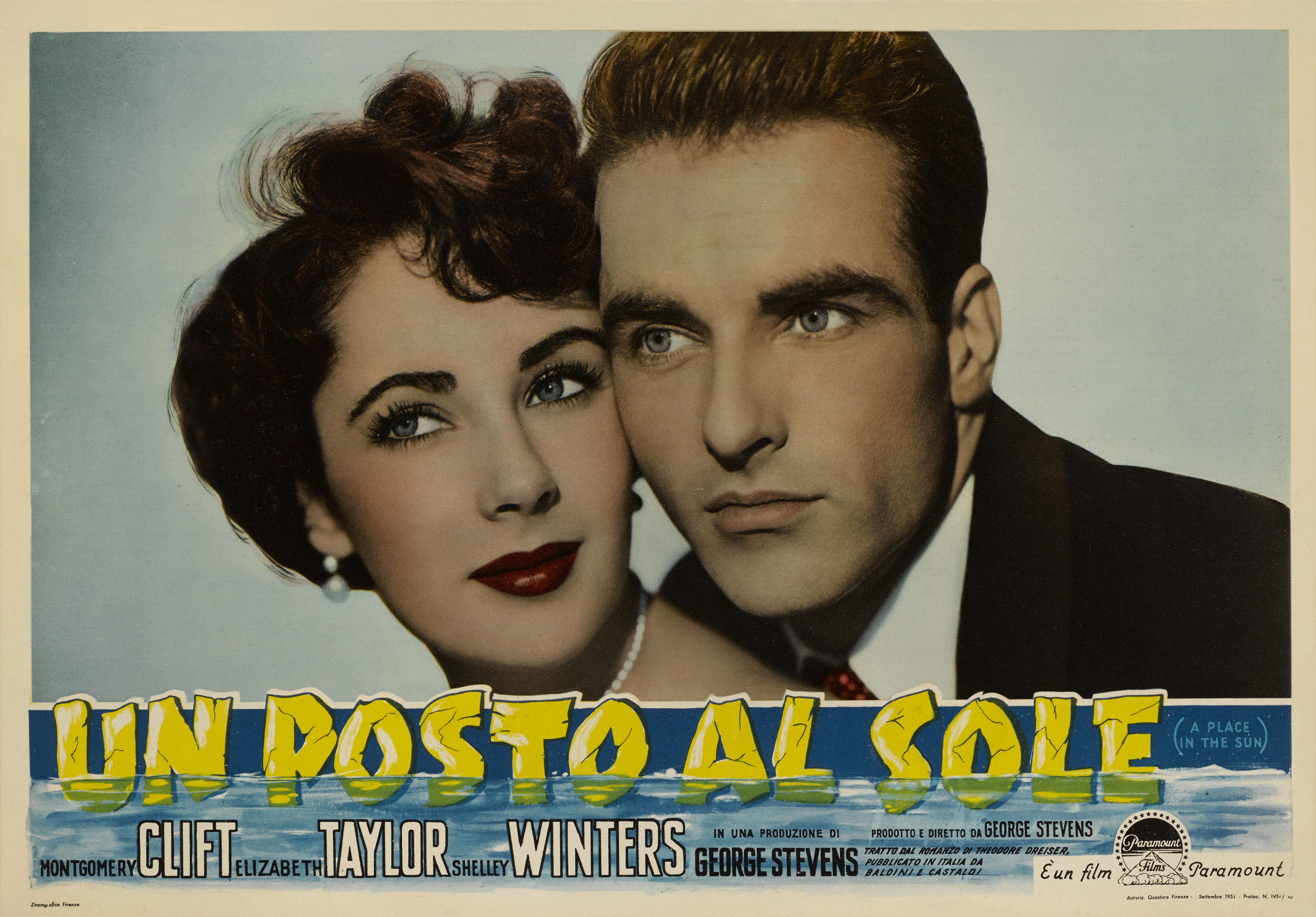Original Italian poster for George Stevens 1951 drama, romance “A Place In The Sun”. Starring Montgomery Clift, Elizabeth Taylor and Shelley Winters. 
This piece is conservation linen backed and in excellent condition, with the colour remaining
