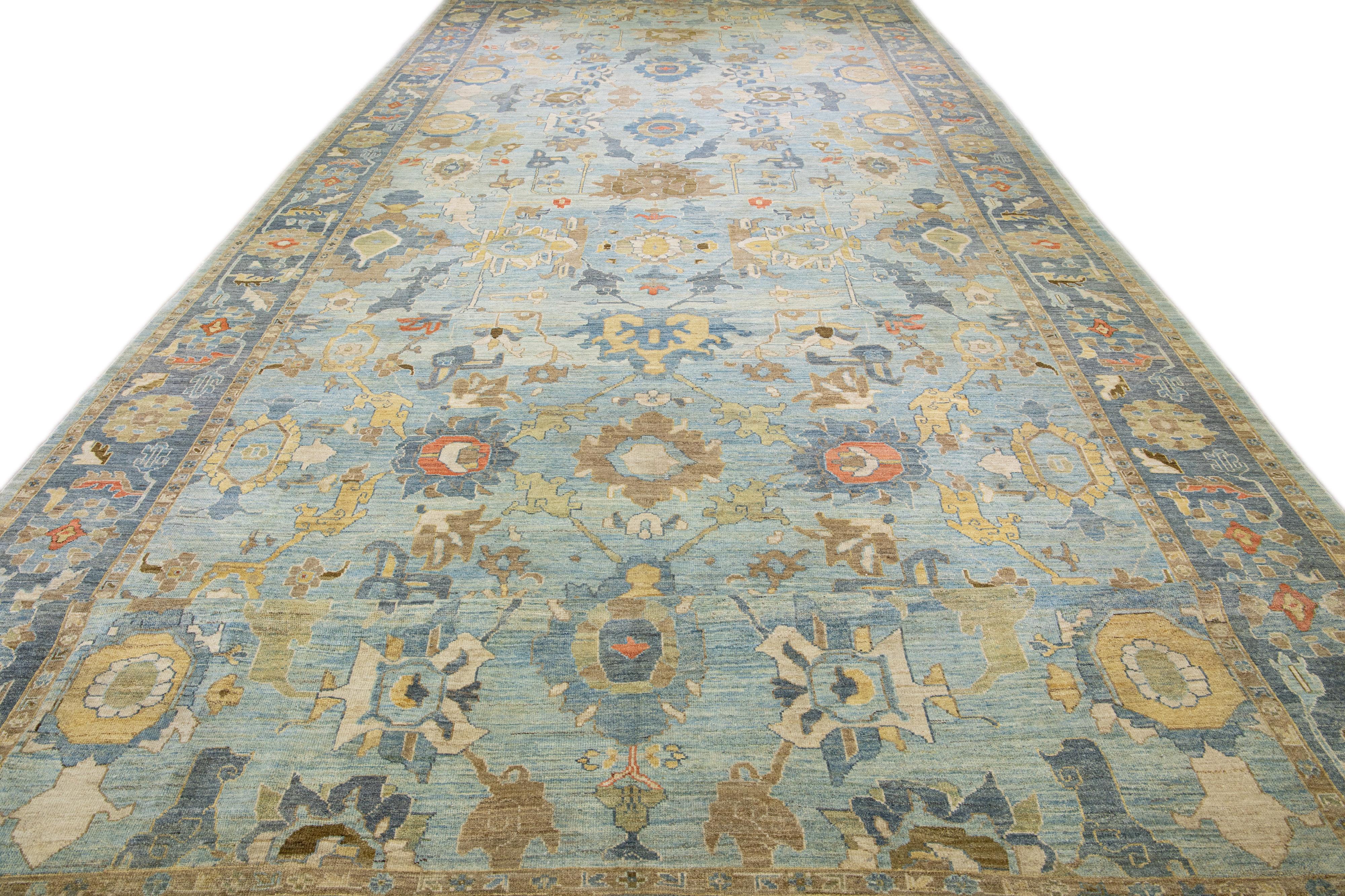 Persian Place Size Blue Modern Sultanabad Handmade Floral Pattern Wool For Sale