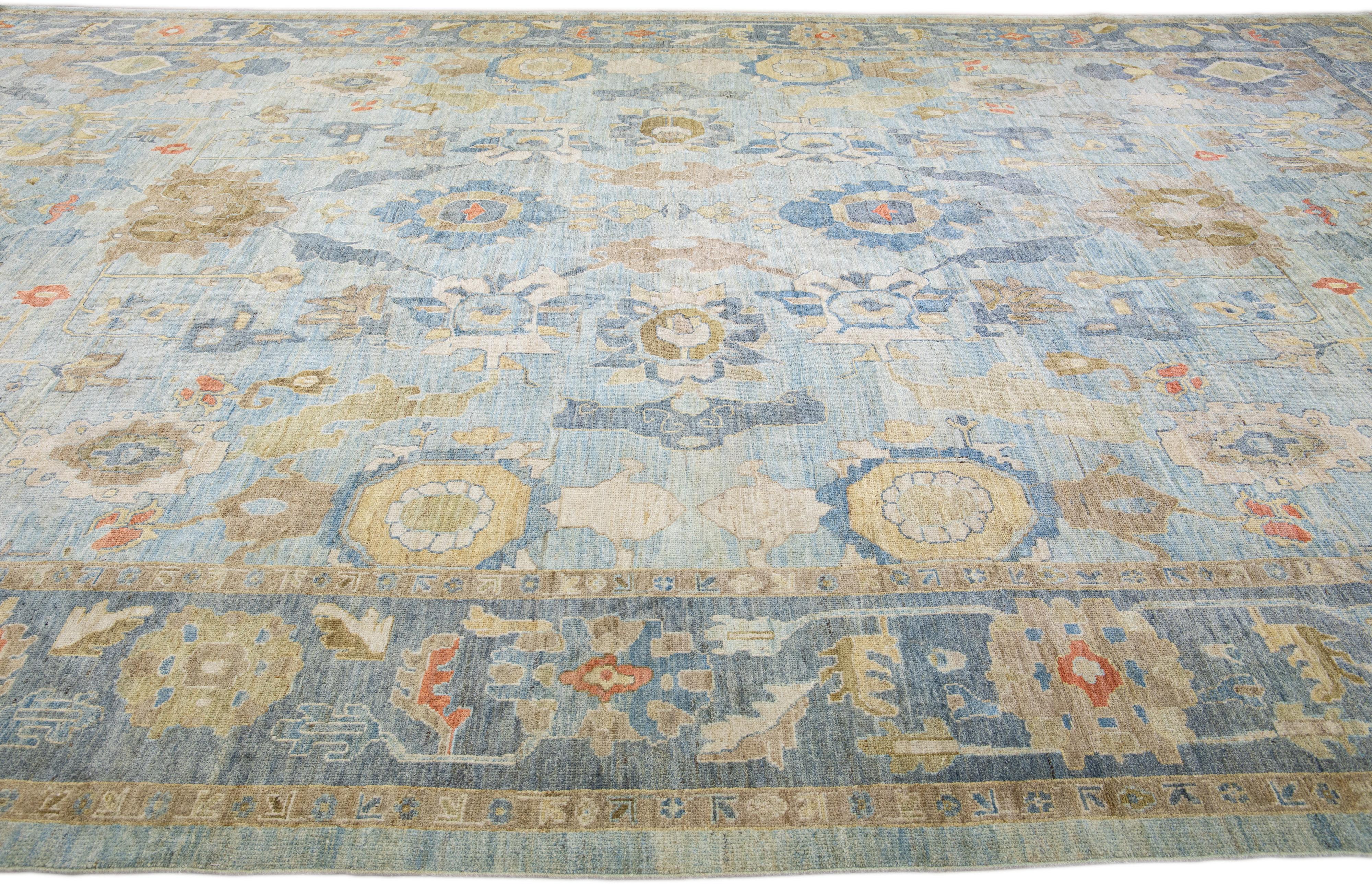 Hand-Knotted Place Size Blue Modern Sultanabad Handmade Floral Pattern Wool For Sale