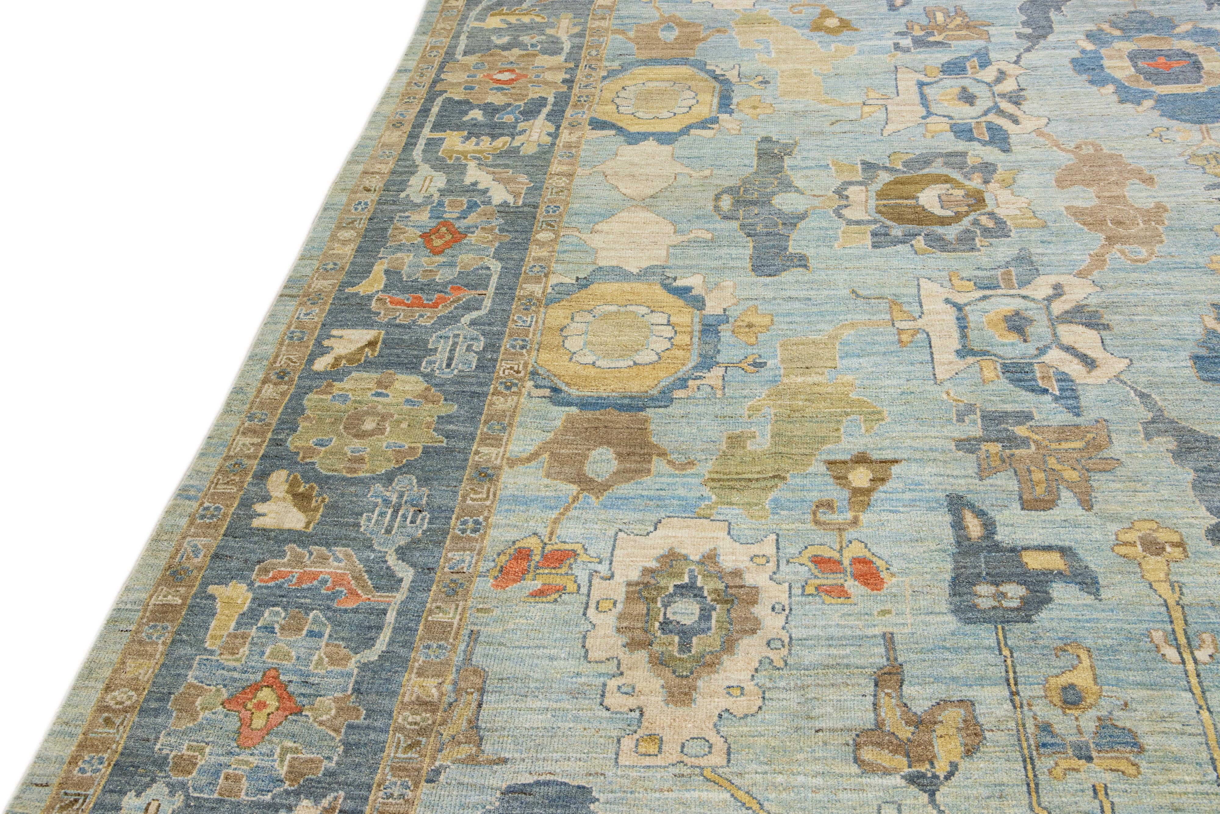 Place Size Blue Modern Sultanabad Handmade Floral Pattern Wool In New Condition For Sale In Norwalk, CT