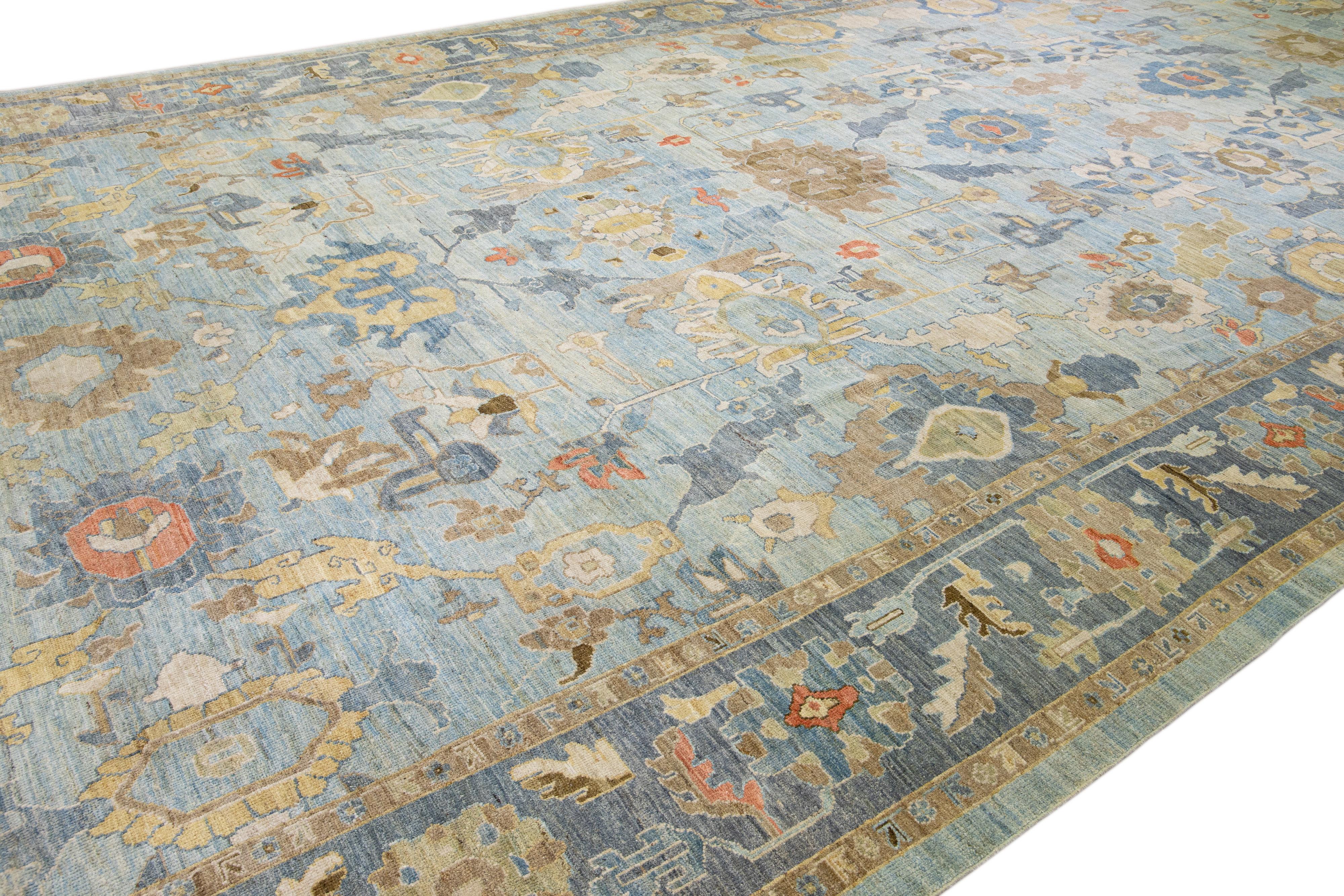 Contemporary Place Size Blue Modern Sultanabad Handmade Floral Pattern Wool For Sale