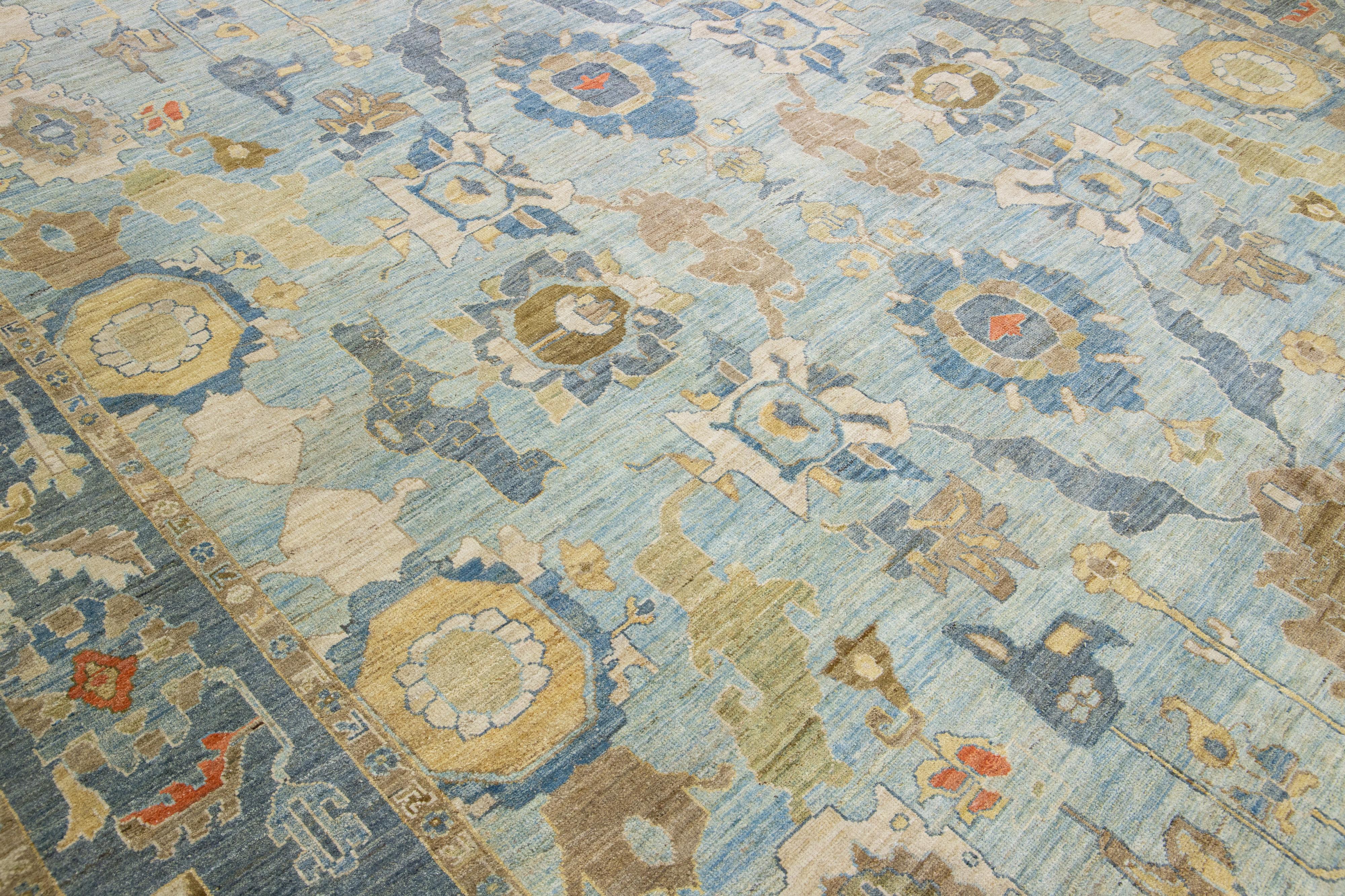 Place Size Blue Modern Sultanabad Handmade Floral Pattern Wool For Sale 3