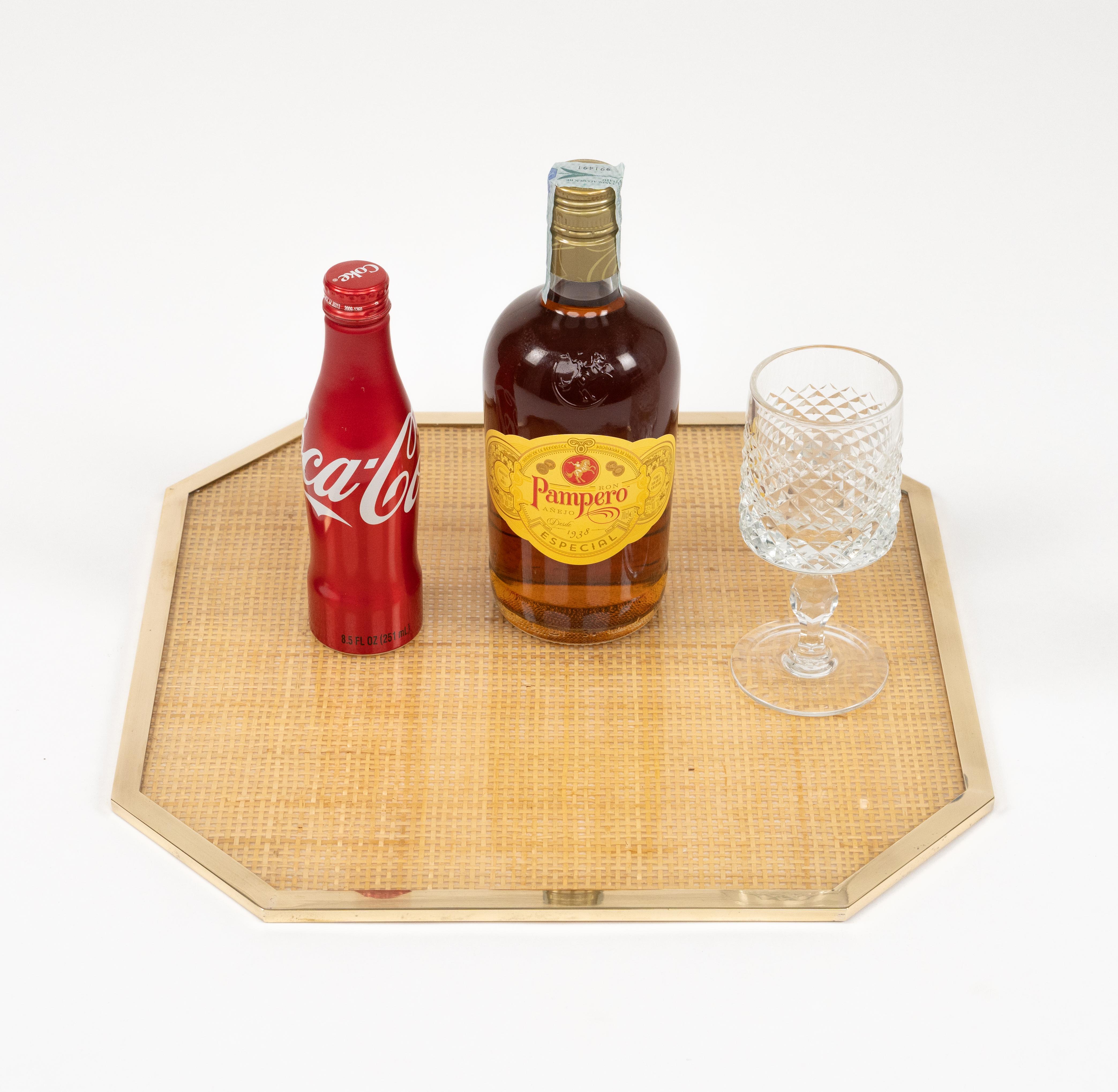 Late 20th Century Placemat Serving Tray Lucite, Brass & Wicker Christian Dior Style, Italy 1970s For Sale