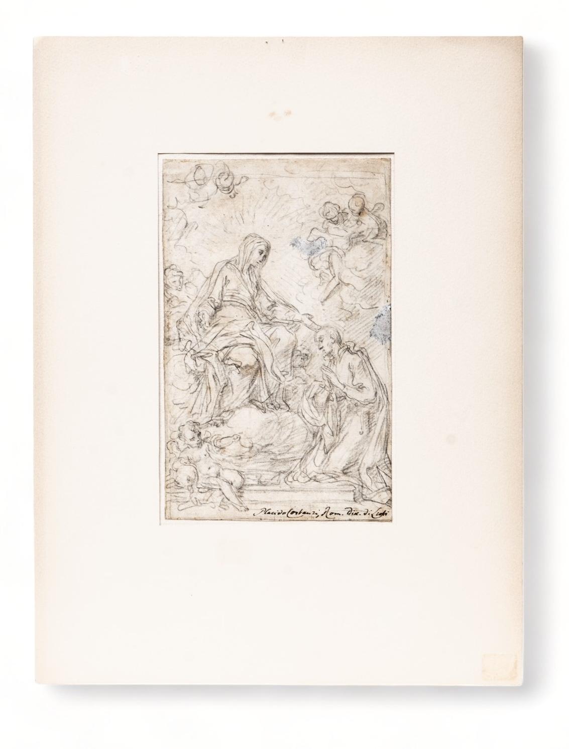 Attributed to Placido COSTANZI (Naples 1702 - Rome 1759) Virgin interceding with a cleric Pencil Drawing. Signed and located at the bottom 
