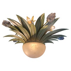 Plafoniera Greene & Greene in ferro e fiori in vetro 1990 Banci Firenze