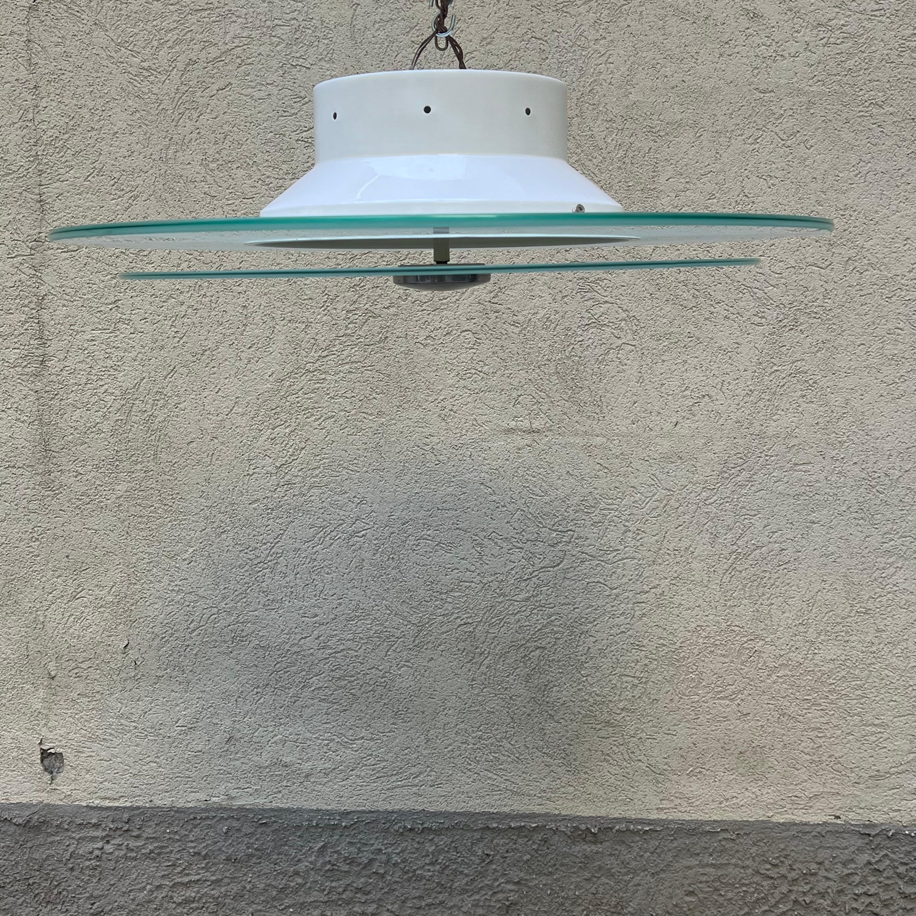 Mid-Century Modern Deco Style Ceiling Lamp - Double Satin Glass Disk - Italy - 1980s For Sale