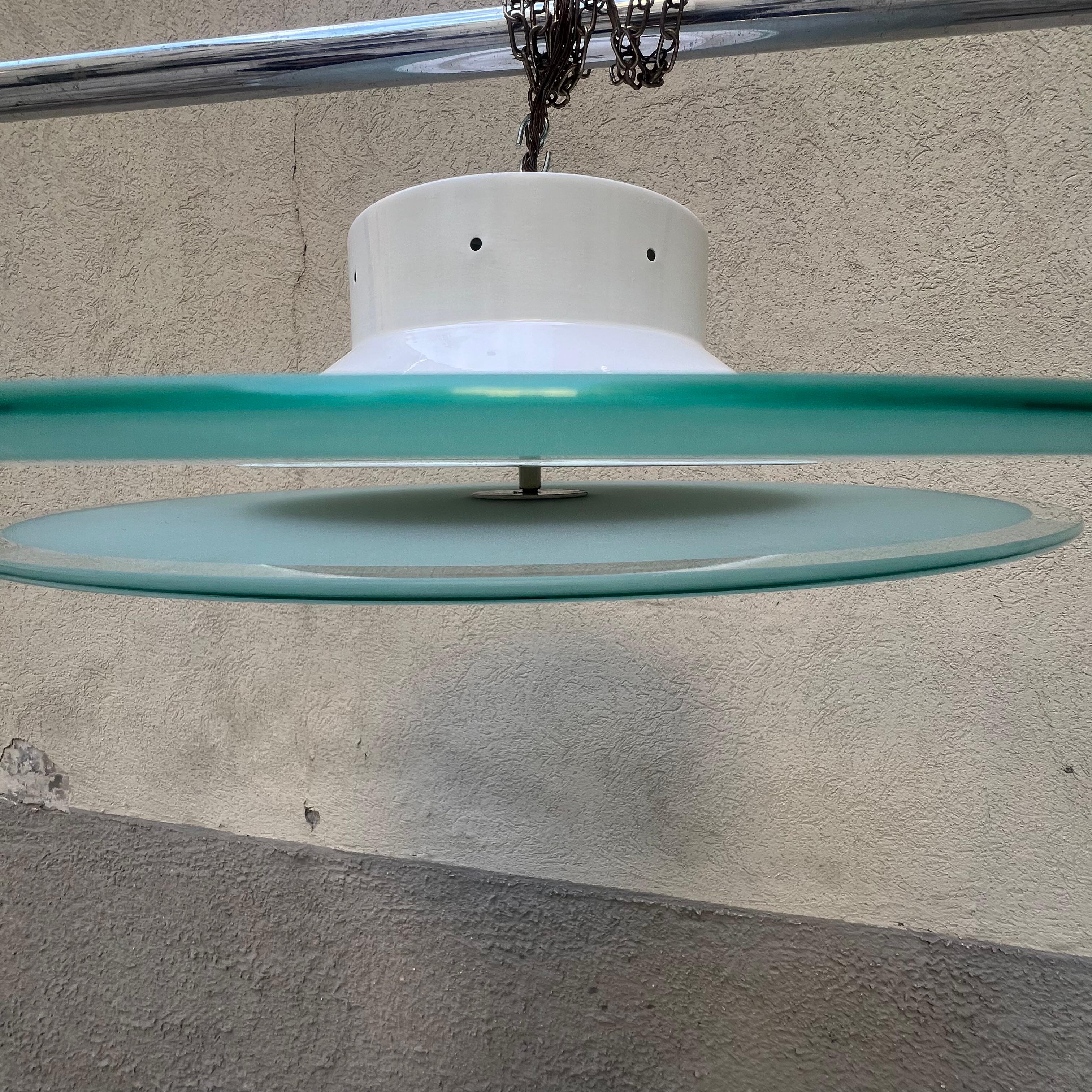 Italian Deco Style Ceiling Lamp - Double Satin Glass Disk - Italy - 1980s For Sale