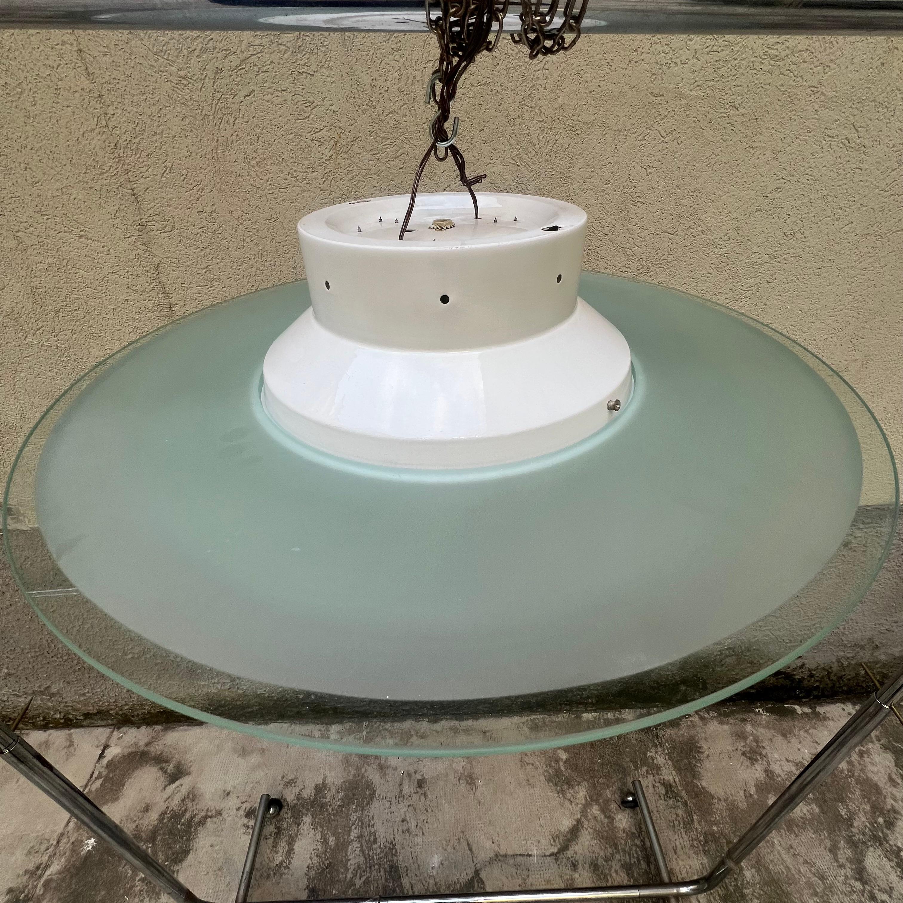 Deco Style Ceiling Lamp - Double Satin Glass Disk - Italy - 1980s In Good Condition For Sale In Milano, IT