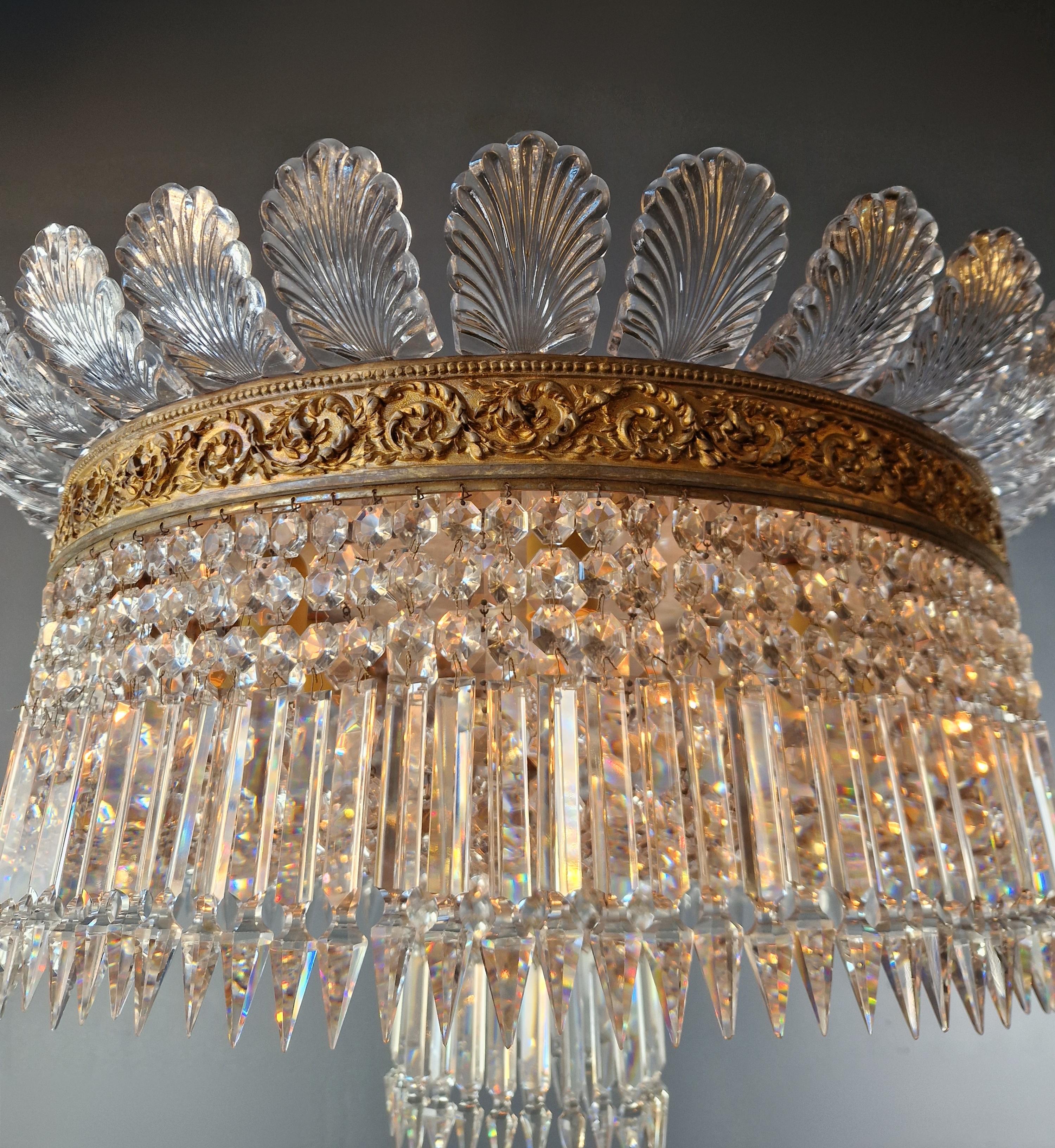 Plafonnier Crystal Chandelier Brass Lustre Ceiling Antique Art Nouveau Big leaf For Sale 3