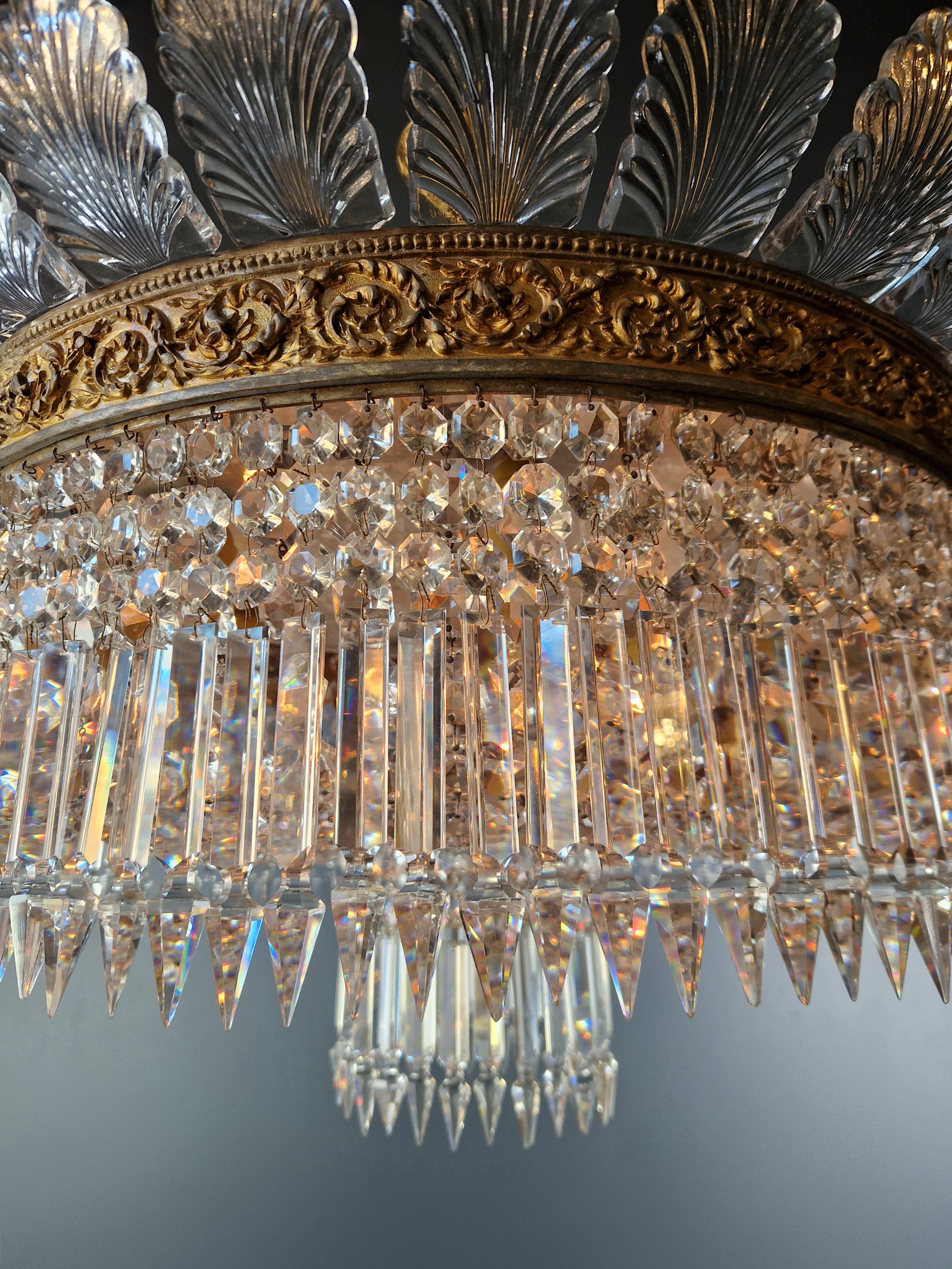 Plafonnier Crystal Chandelier Brass Lustre Ceiling Antique Art Nouveau Big leaf For Sale 4
