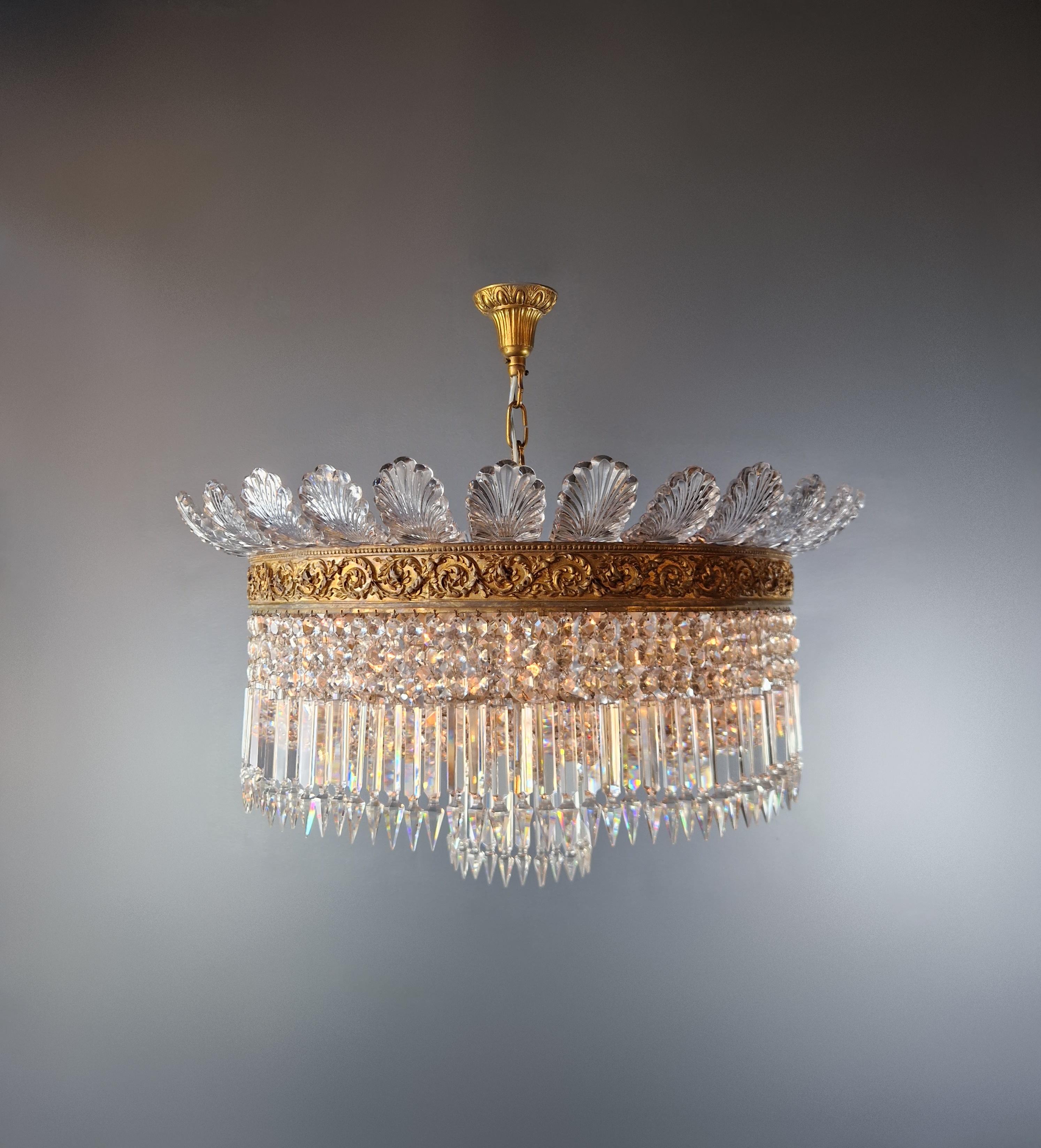 Empire Plafonnier Crystal Chandelier Brass Lustre Ceiling Antique Art Nouveau Big leaf For Sale