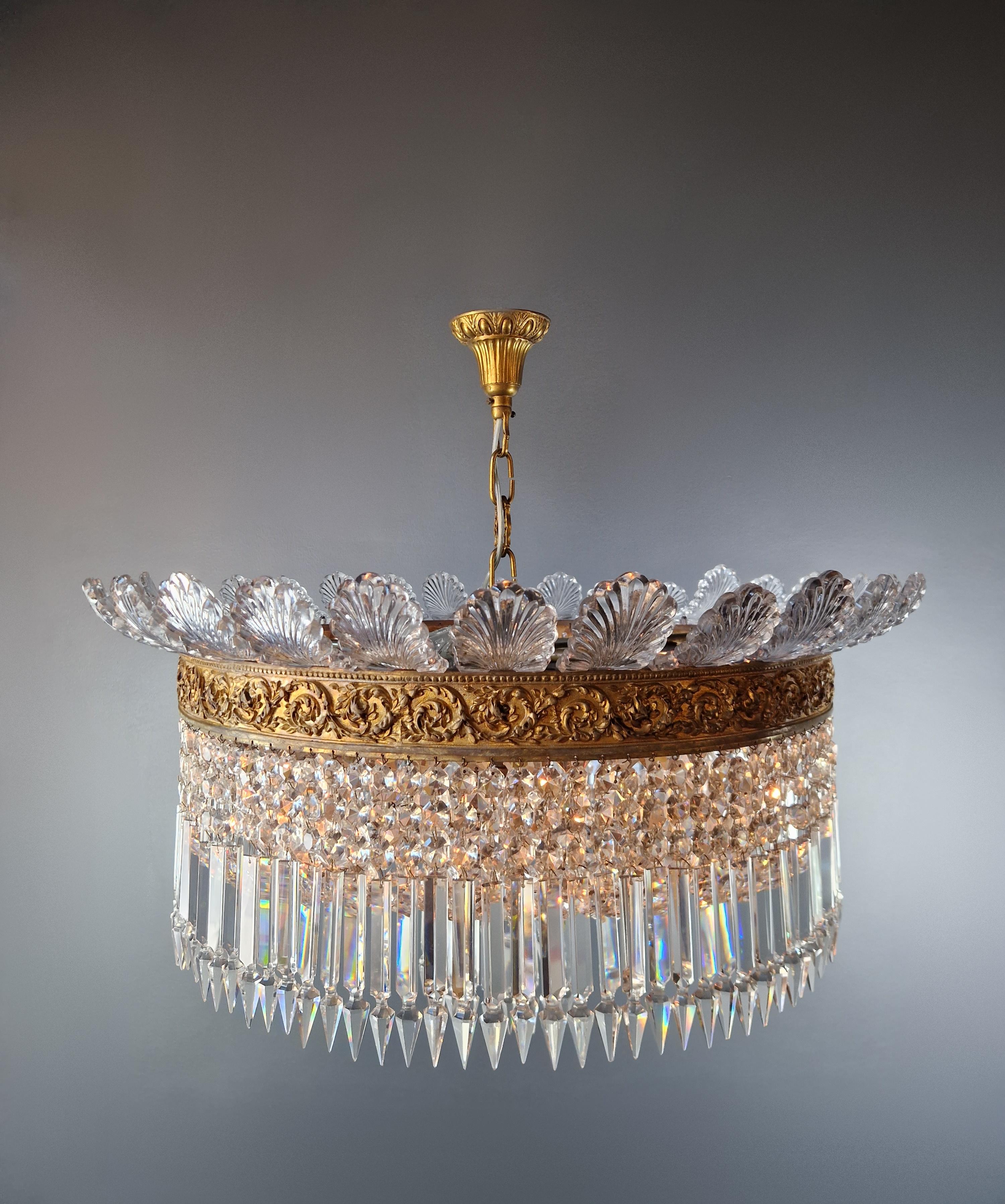 Italian Plafonnier Crystal Chandelier Brass Lustre Ceiling Antique Art Nouveau Big leaf For Sale