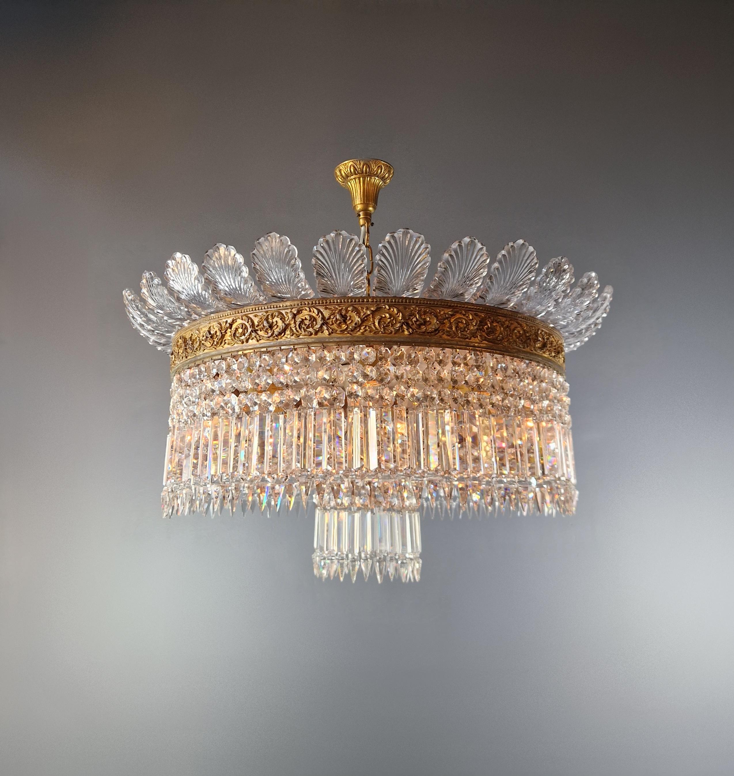 Hand-Knotted Plafonnier Crystal Chandelier Brass Lustre Ceiling Antique Art Nouveau Big leaf For Sale