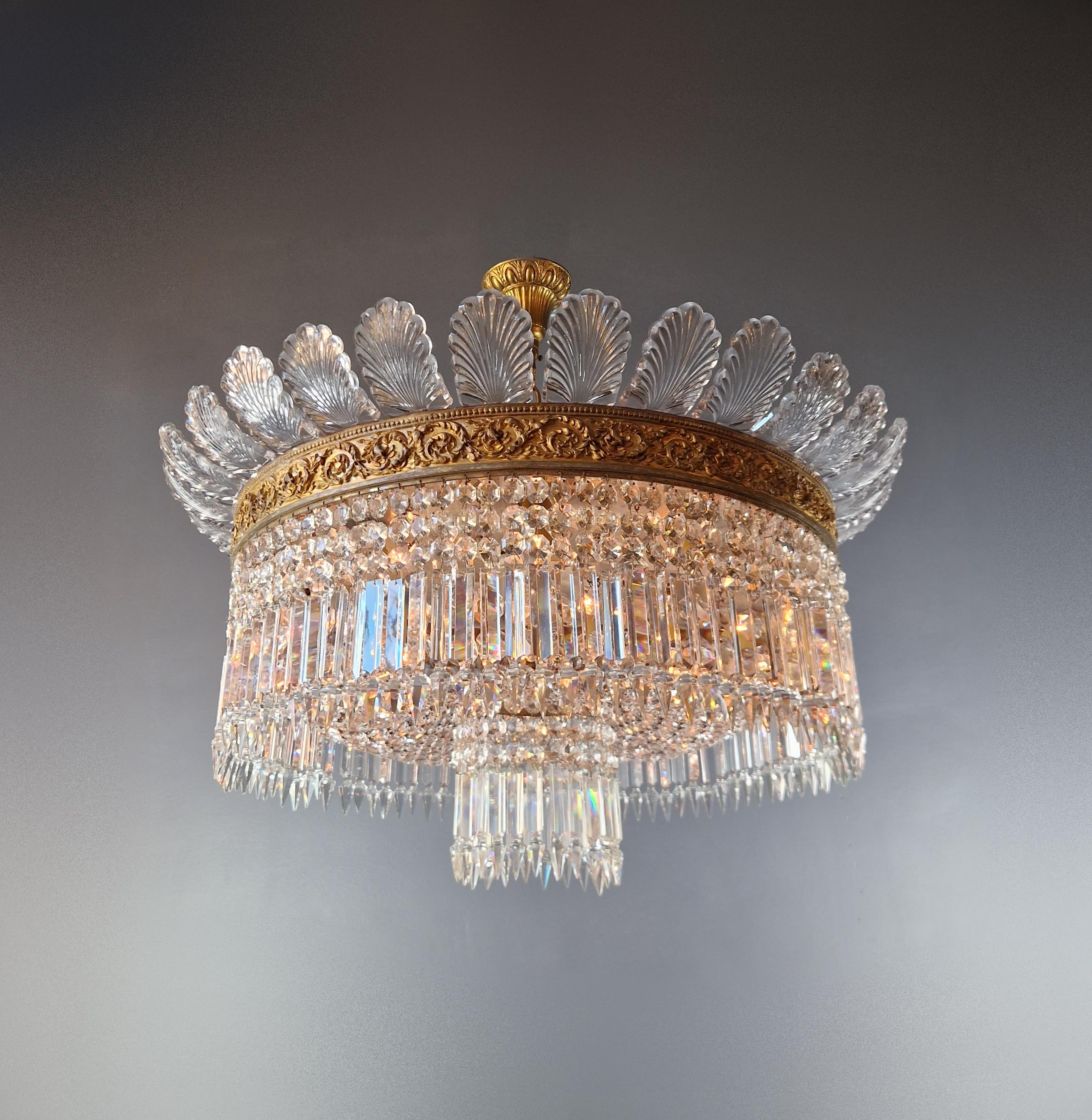 Mid-20th Century Plafonnier Crystal Chandelier Brass Lustre Ceiling Antique Art Nouveau Big leaf For Sale